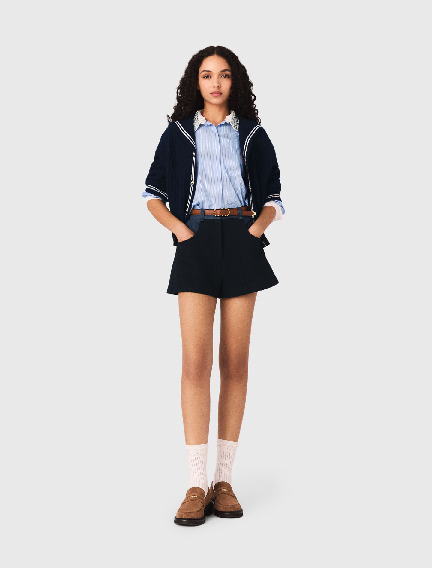 Shorts In Tweed E Dettagli Denim - Blu Navy - Taglia 42 - Maje