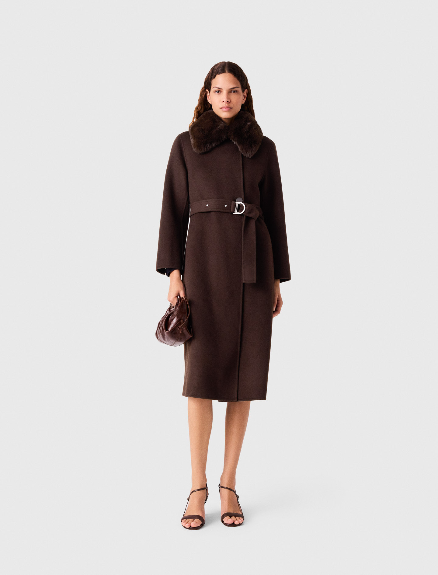 Cappotto Lungo Collo Ecopelliccia - Marrone - Taglia 46 - Maje