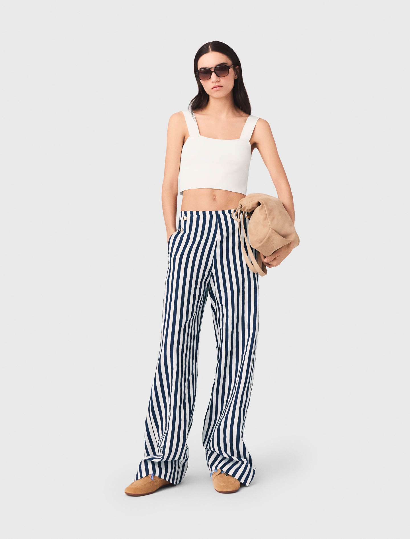 Pantaloni A Ponte In Lino Misto - Bianco/blu - Taglia 46 - Maje