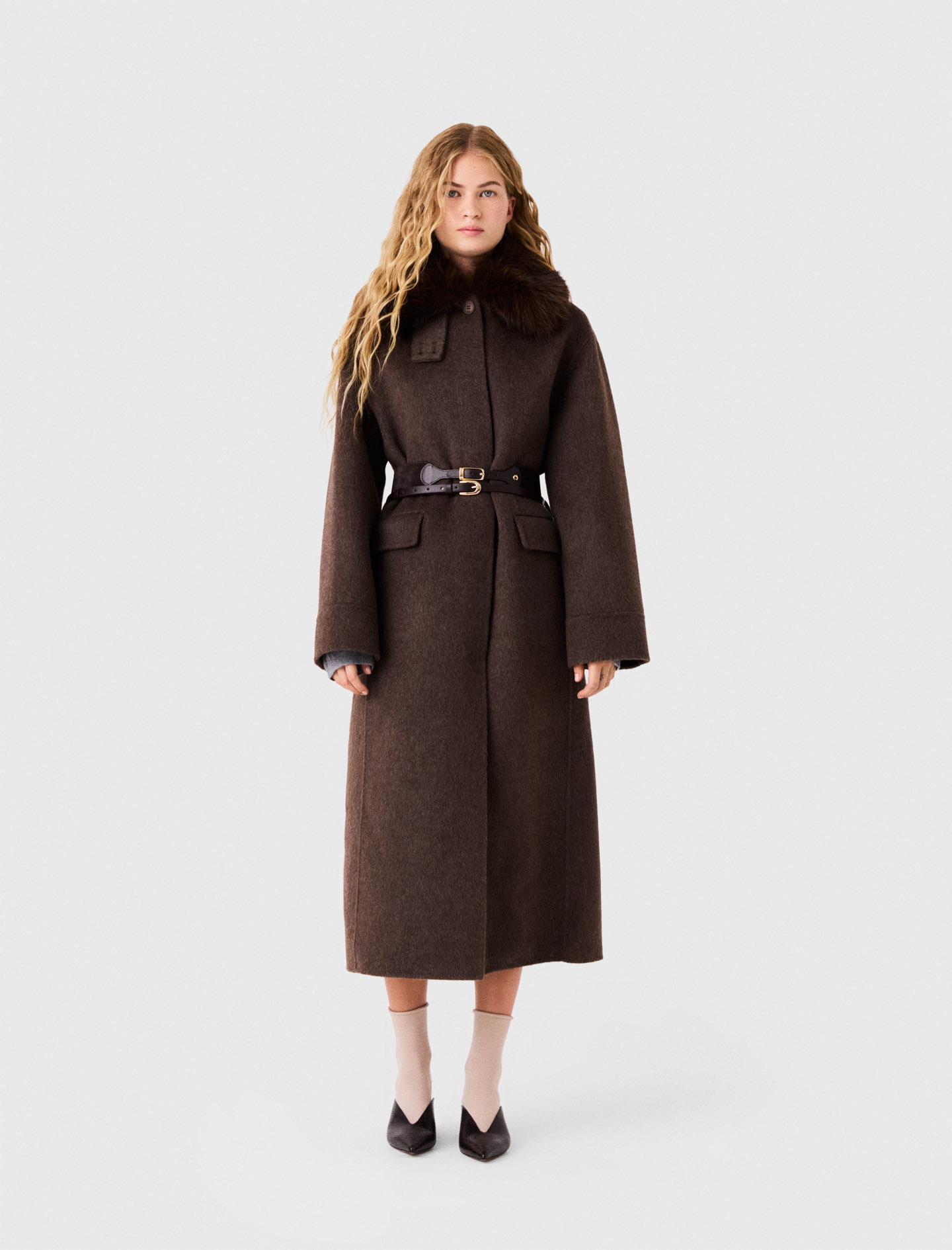 Cappotto Lungo Collo Ecopelliccia - Marrone Scuro - Taglia 40 - Maje
