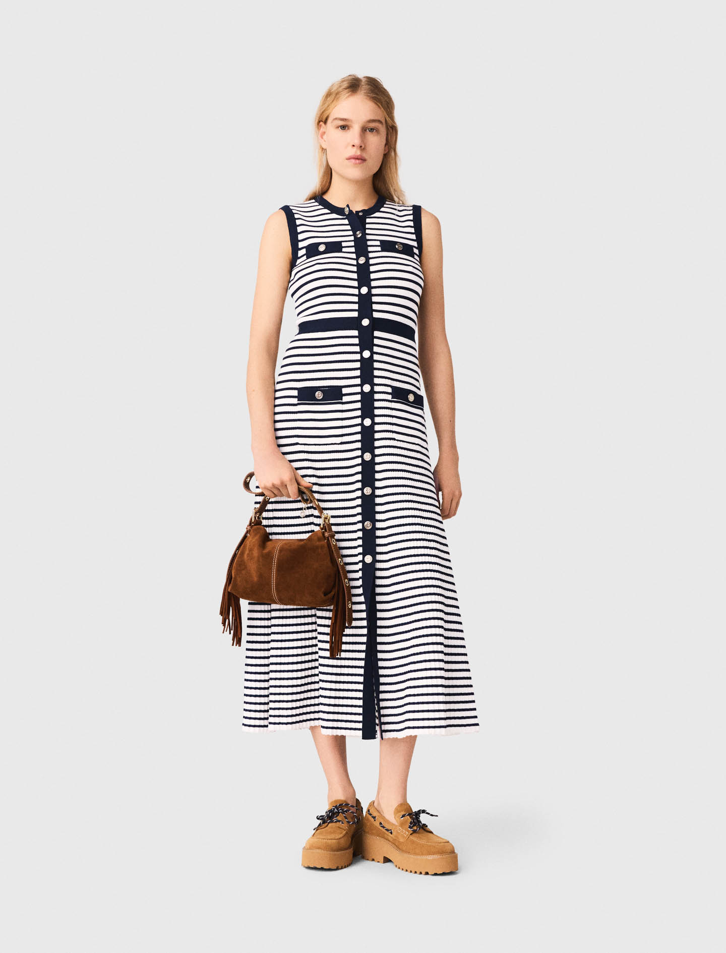 Abito Lungo In Maglia Alla Marinara - Écru/navy - Taglia 44 - Maje