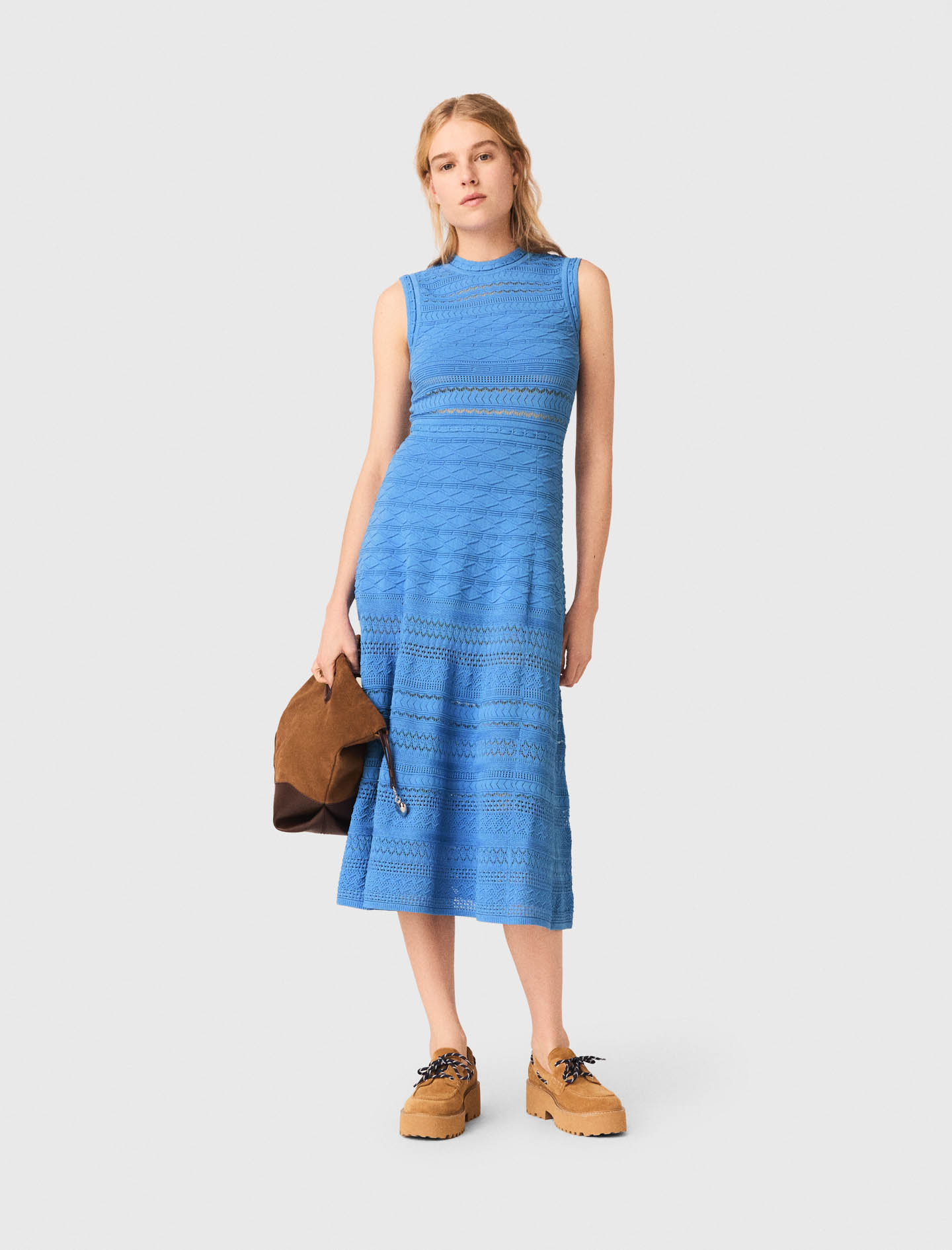 Abito Lungo In Maglia Pointelle - Blu - Taglia 44 - Maje