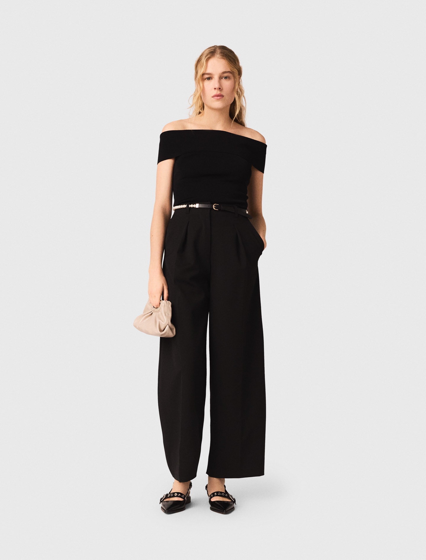 Top Scollo Bardot In Maglia A Coste - Nero - Taglia 44 - Maje