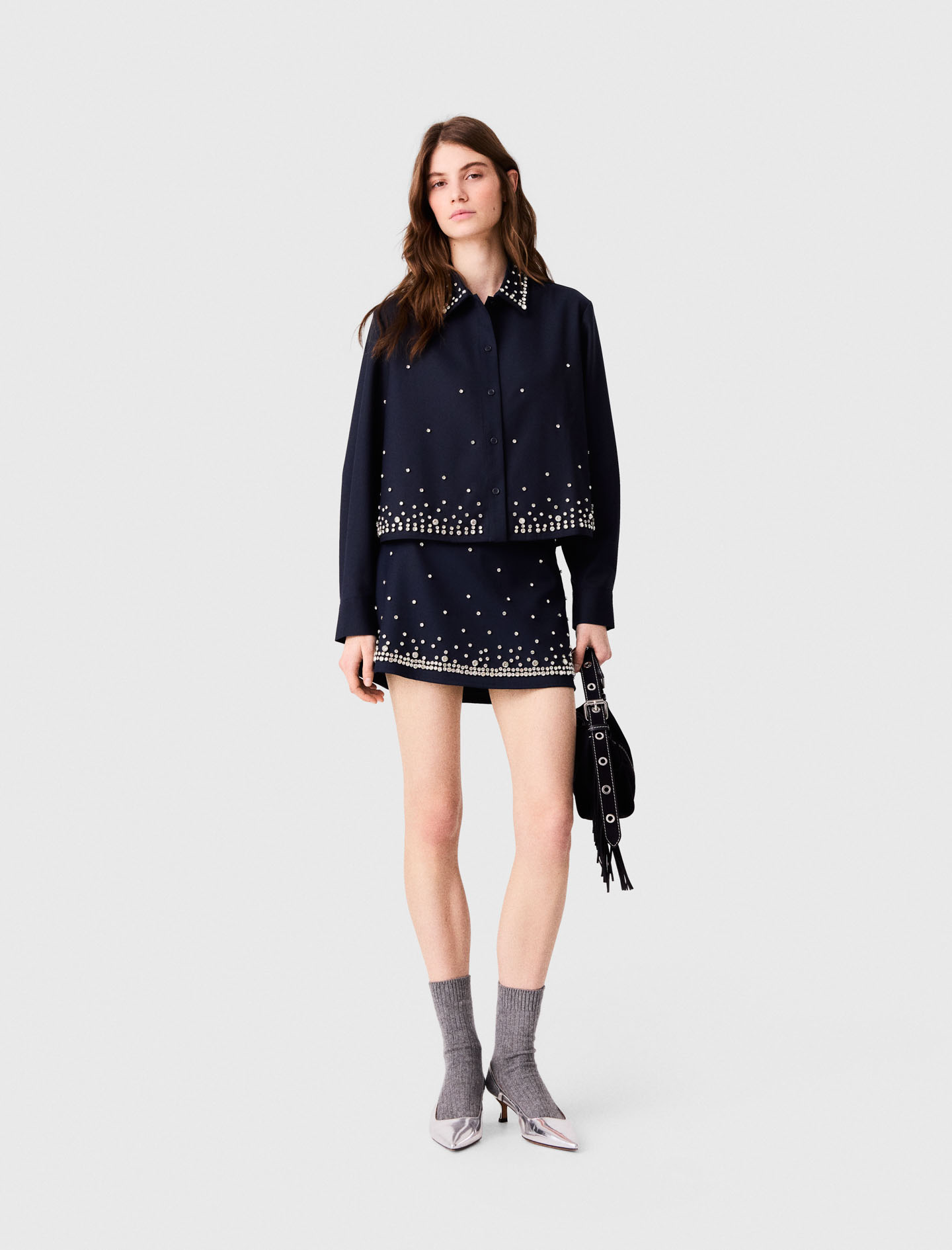 Camicia Corta Ricamata Con Strass - Blu Navy - Taglia 40 - Maje