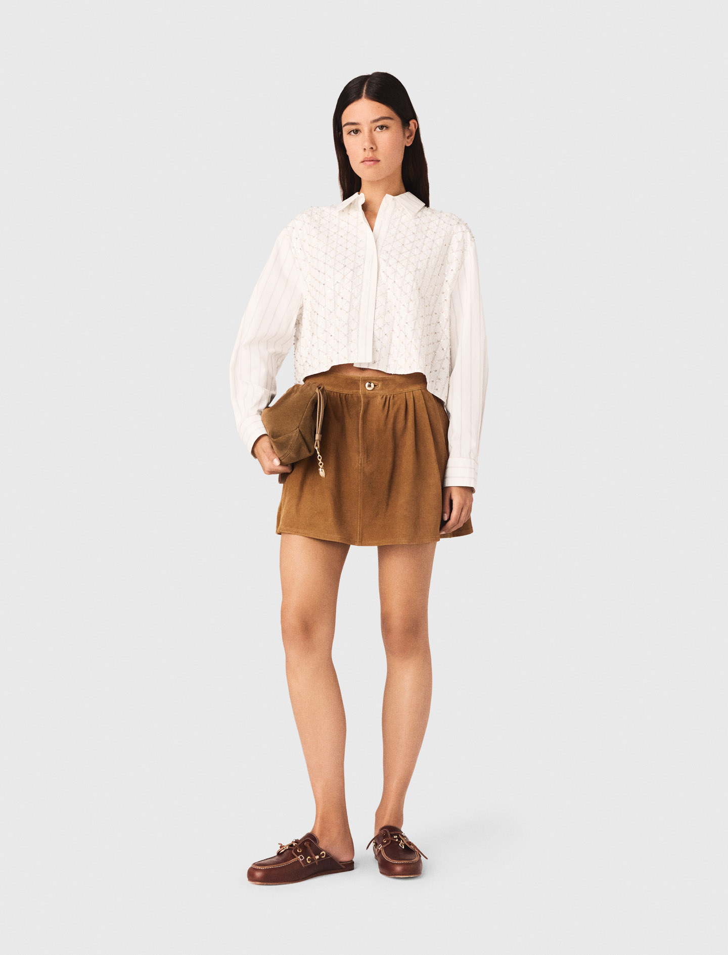 Camicia Corta Con Perle Ricamate - Bianco - Taglia 42 - Maje