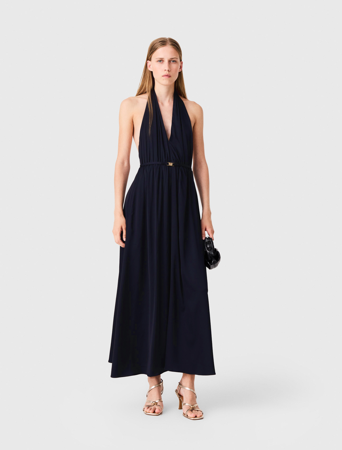 Abito Lungo Plissé Schiena Nuda - Blu Navy - Taglia 40 - Maje