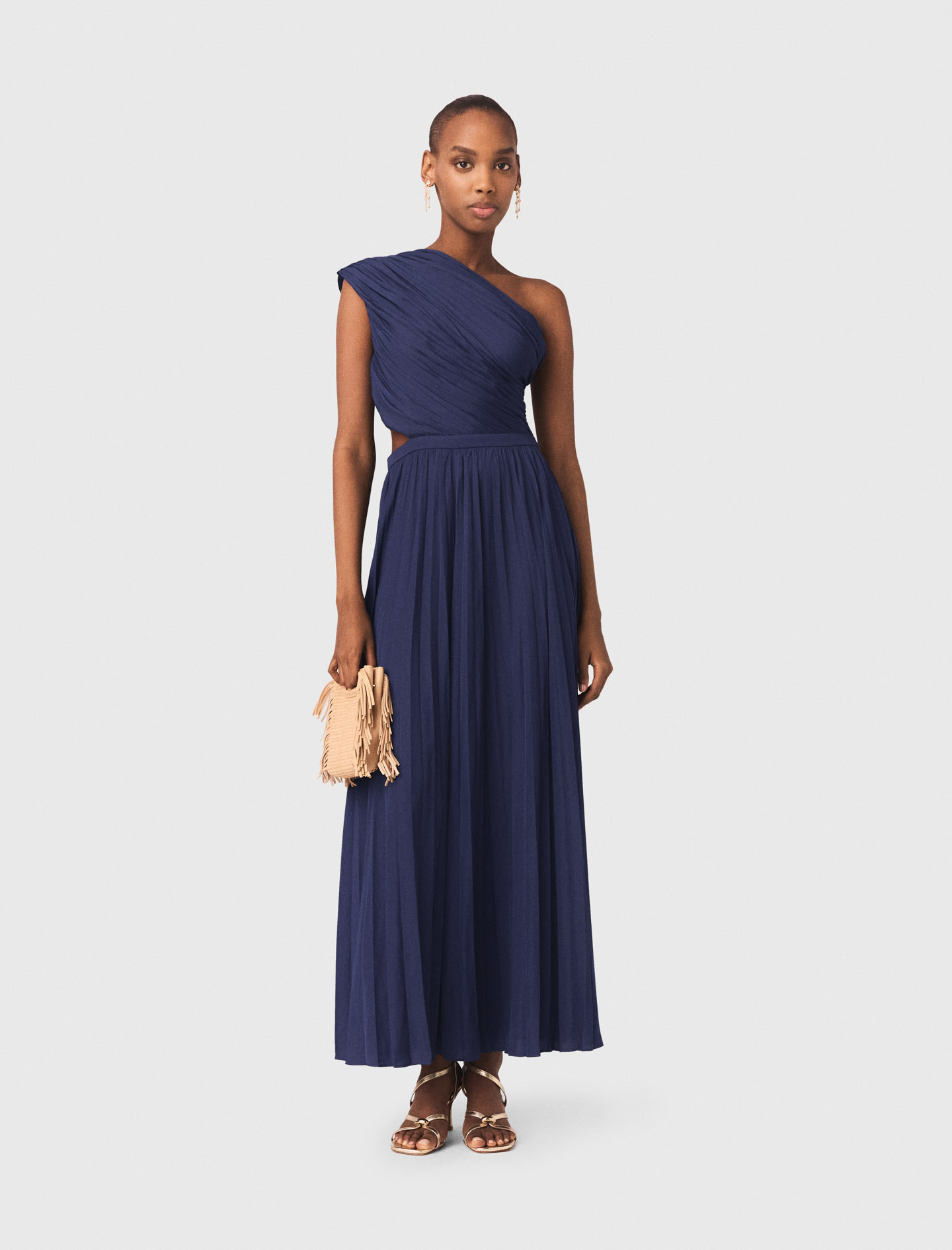 Abito Lungo Plissettato Asimmetrico - Blu Navy - Taglia 44 - Maje