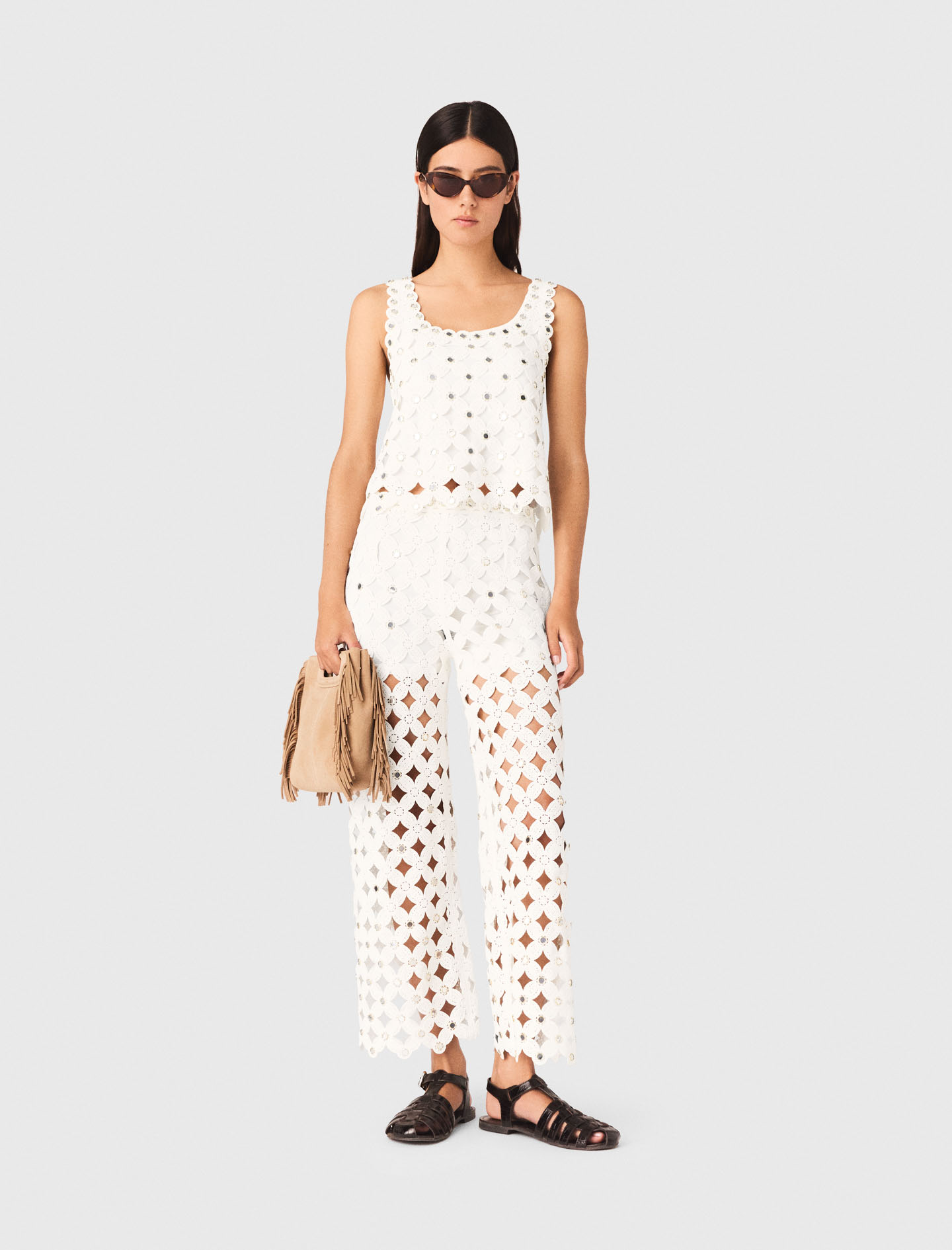 Pantaloni Crochet Con Specchietti - Bianco - Taglia 42 - Maje