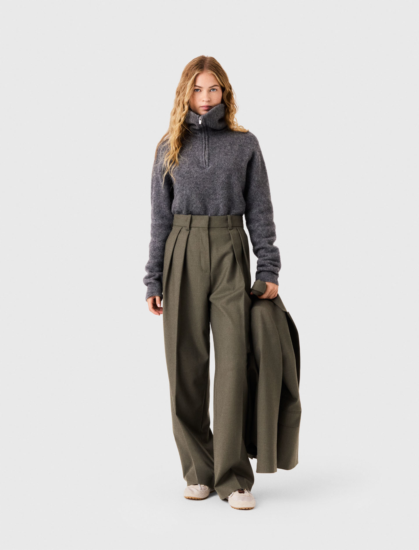 Pantaloni Tailleur Larghi A Pieghe - Cachi - Taglia 40 - Maje