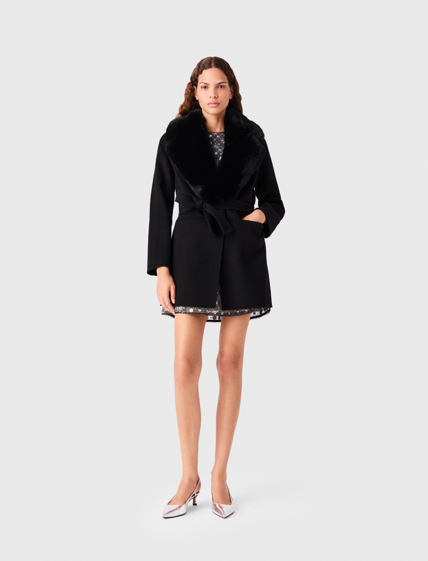 Cappotto Lungo Collo Ecopelliccia - Nero - Taglia 44 - Maje