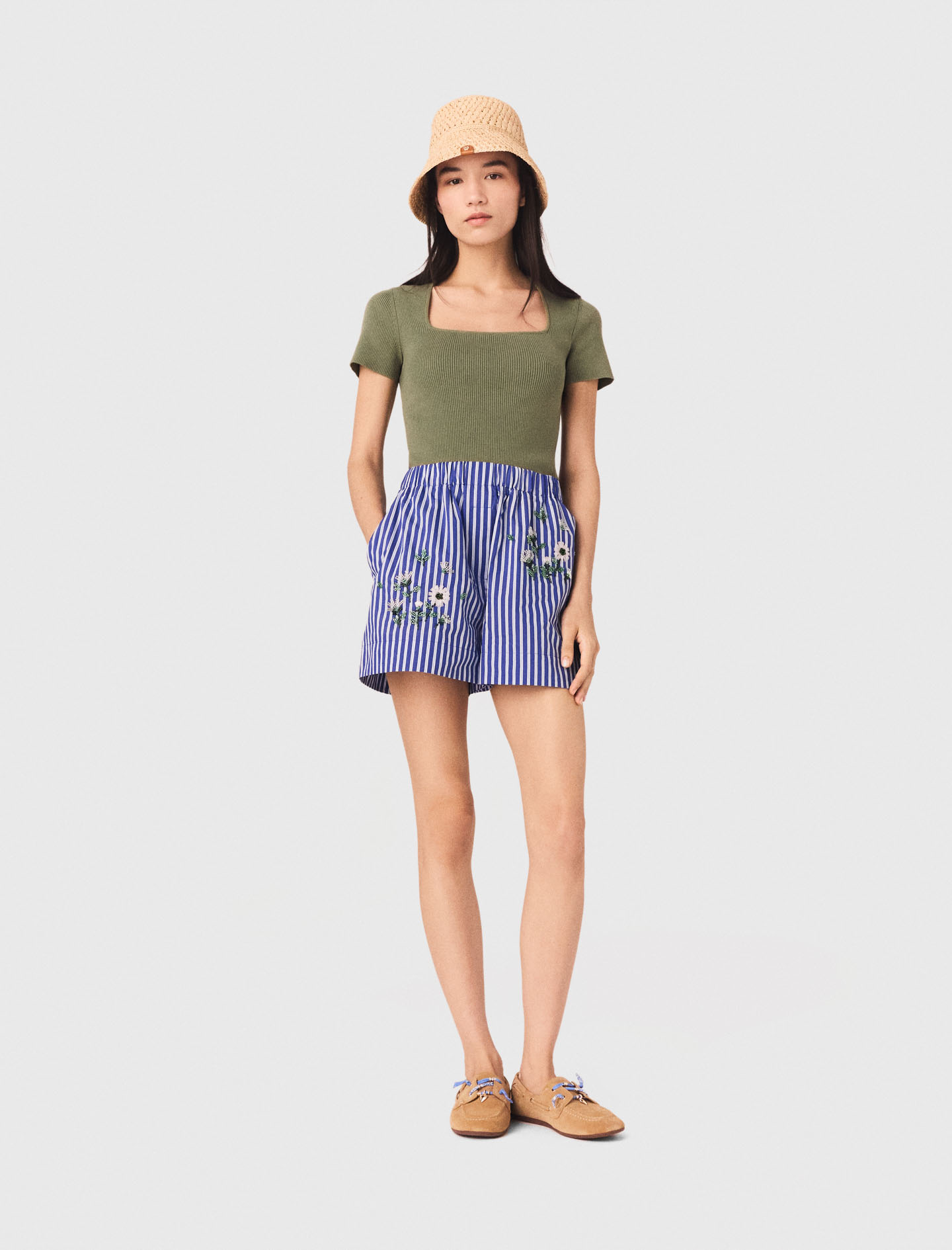 Shorts A Righe In Cotone Ricamato - Bianco/blu - Taglia 44 - Maje