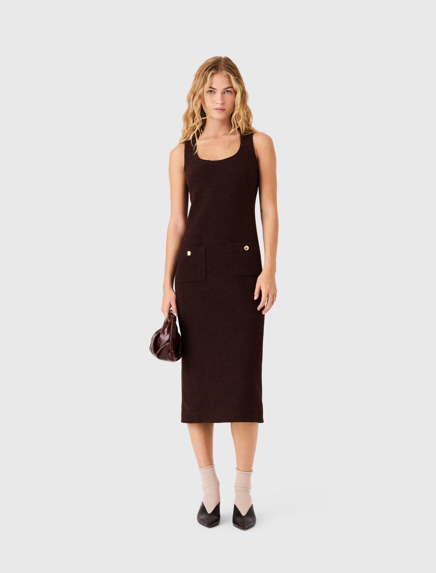 Abito Midi In Tweed - Marrone Scuro - Taglia 44 - Maje