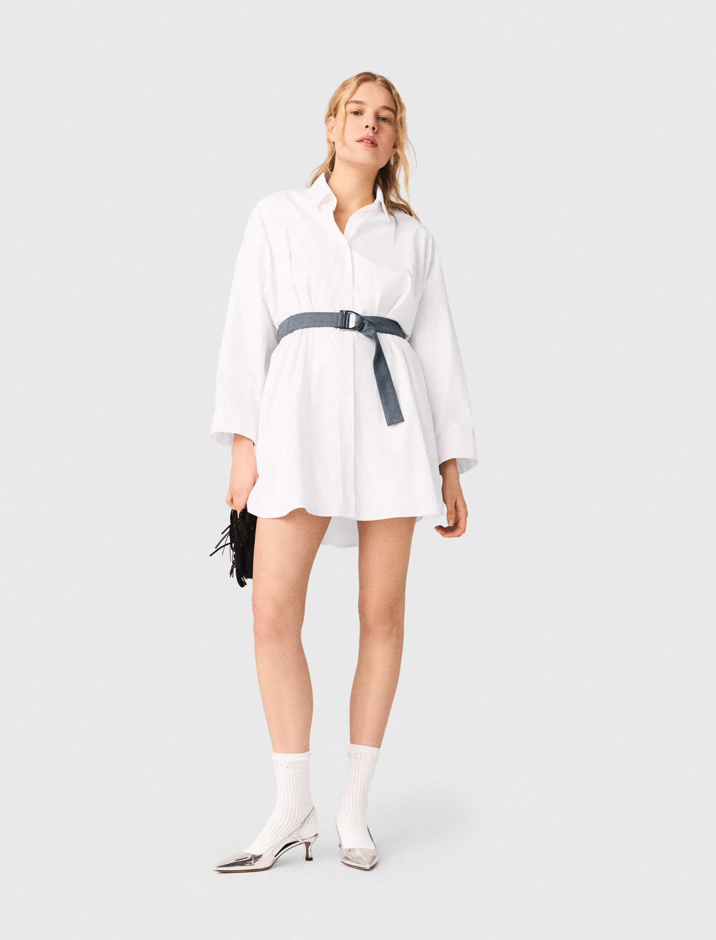 Abito Camicia Cintura A Contrasto - Bianco - Taglia 44 - Maje