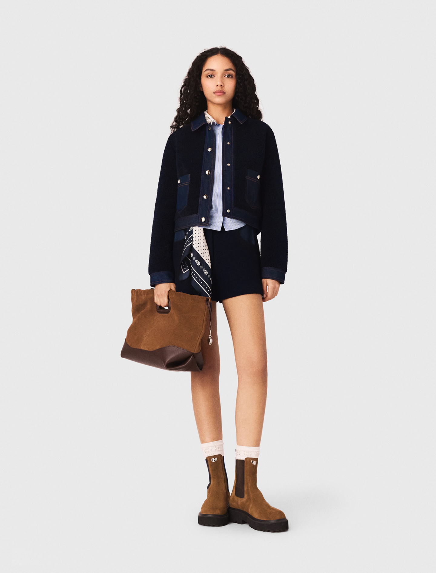 Giubbotto Bouclé E Dettagli Denim - Blu Navy - Taglia 46 - Maje