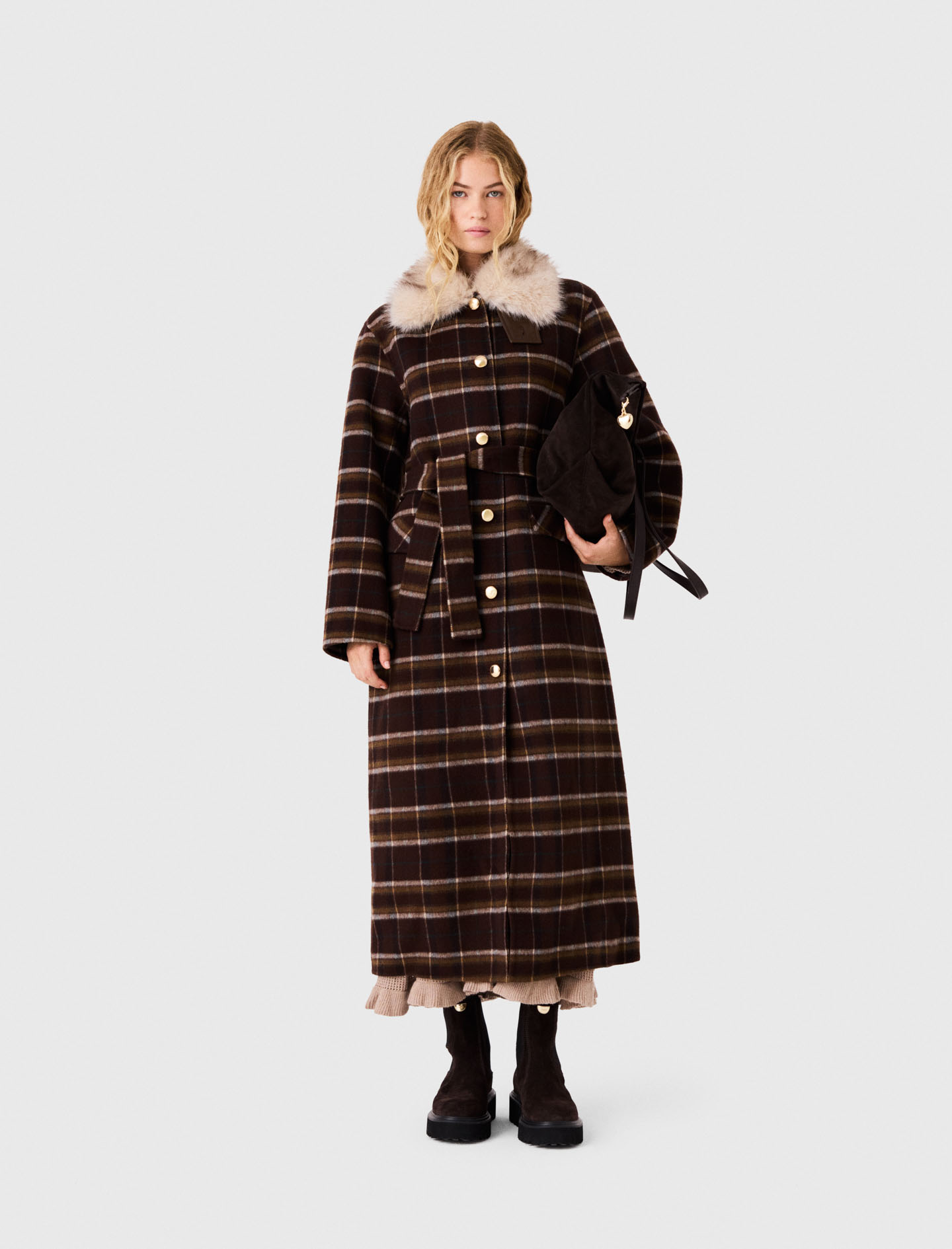 Cappotto Lungo Collo Ecopelliccia - Marrone Scuro - Taglia 46 - Maje