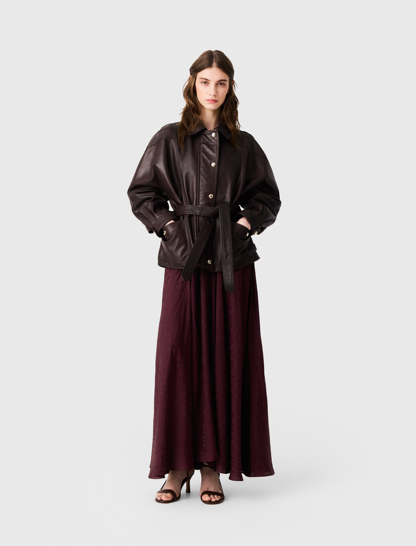 Giacca Pelle Oversize Bottoni Oro - Marrone - Taglia 44 - Maje
