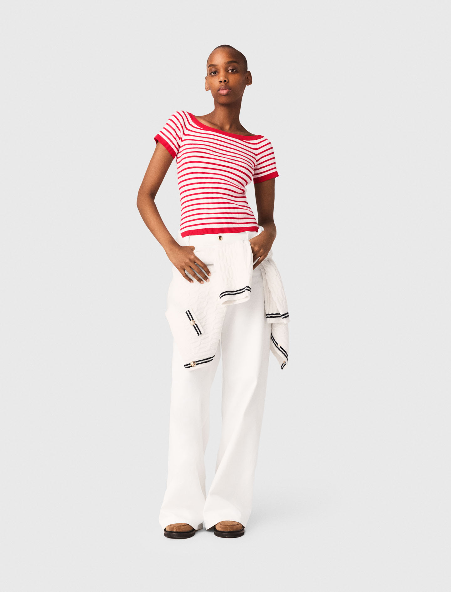 Top Maglia A Righe Scollo A Barca - Rosso - Taglia 42 - Maje
