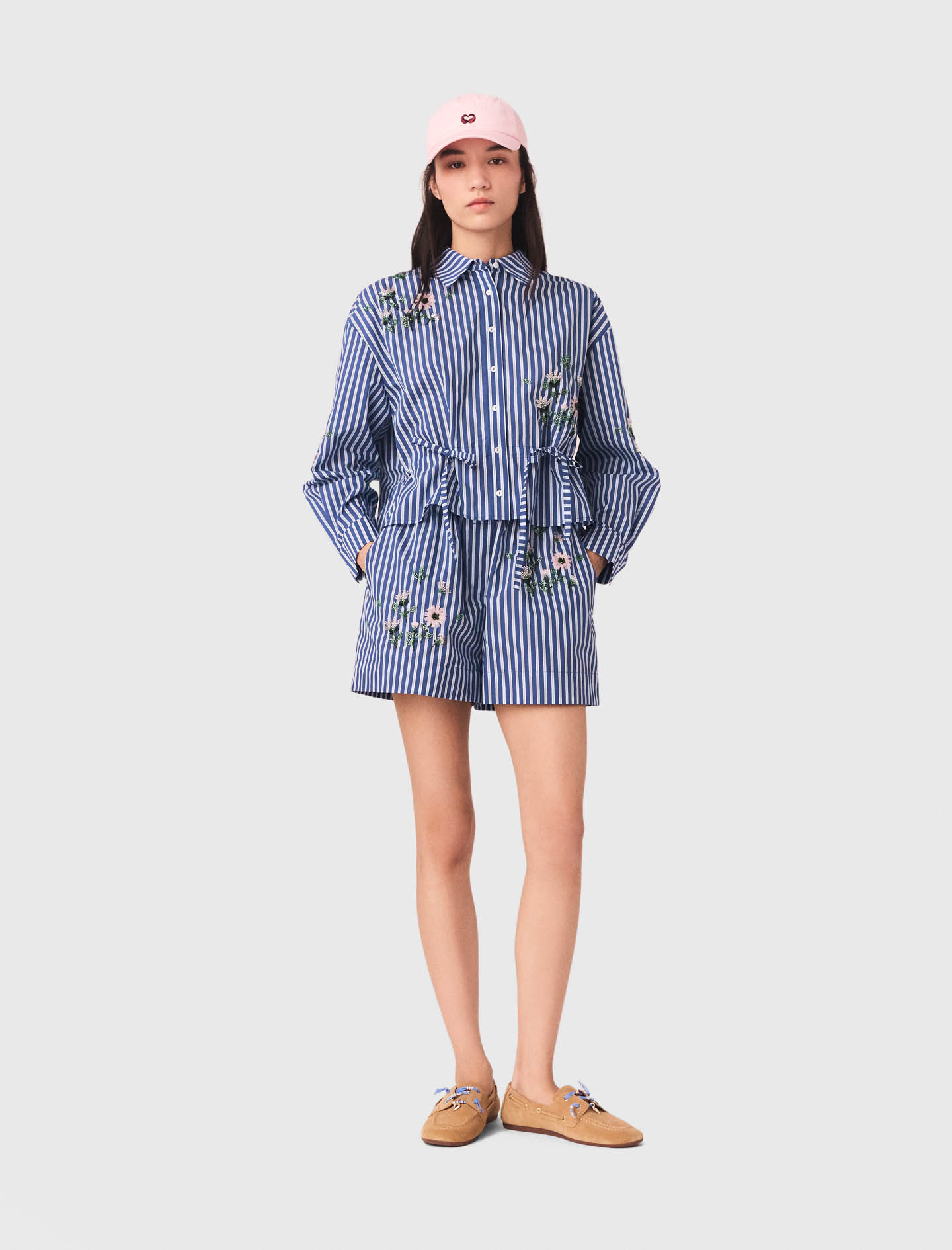Camicia Corta A Righe Ricamata - Bianco/blu - Taglia 44 - Maje