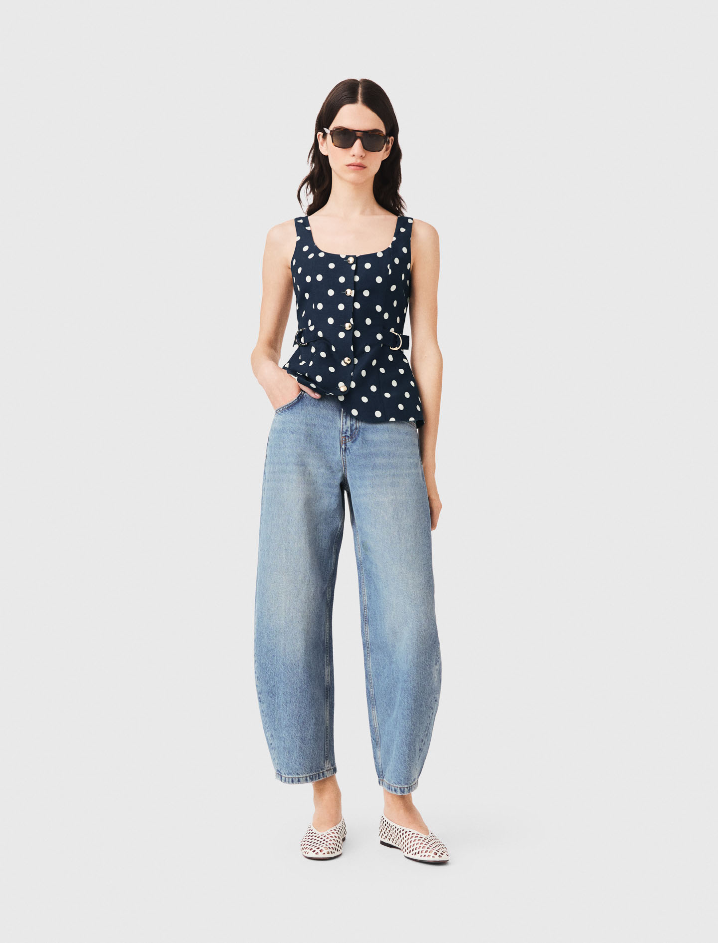 Panciotto Lungo In Misto Lino - Marine Pois Print - Taglia 38 - Maje