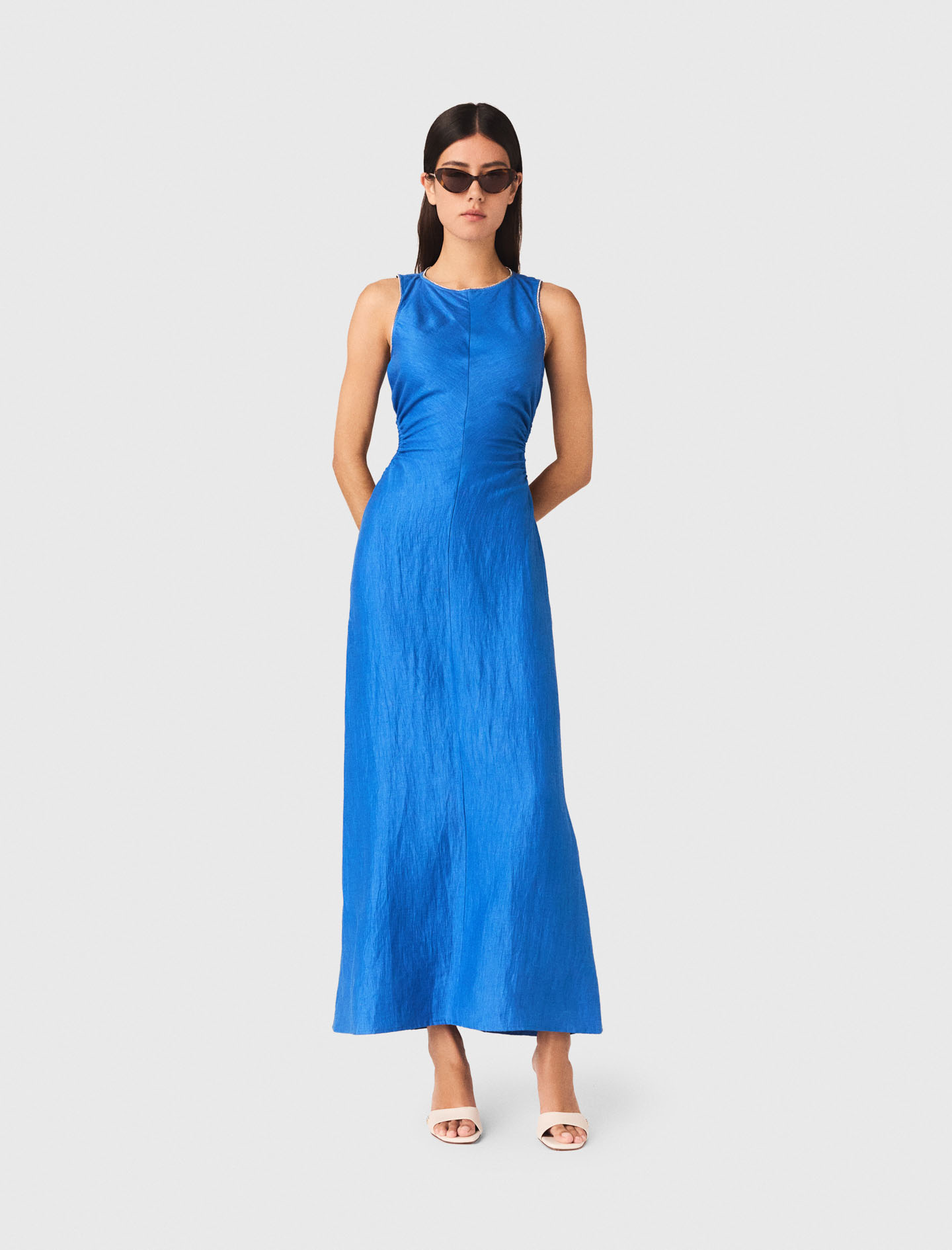 Abito Midi Schiena Nuda Misto Lino - Blu - Taglia 40 - Maje