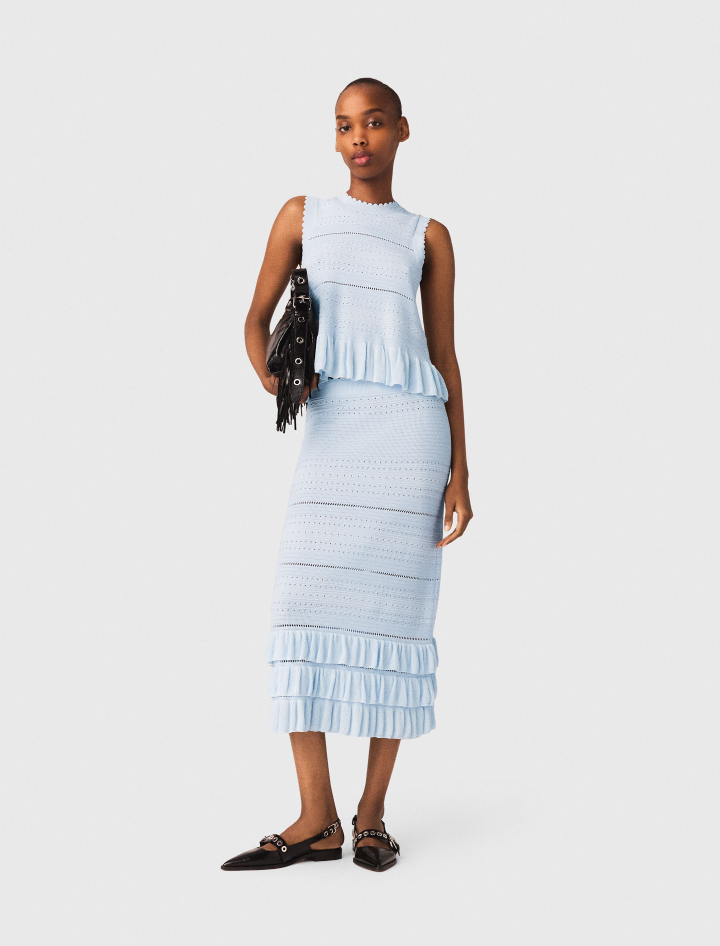 Gonna Lunga In Maglia Con Volant - Celeste - Taglia 44 - Maje