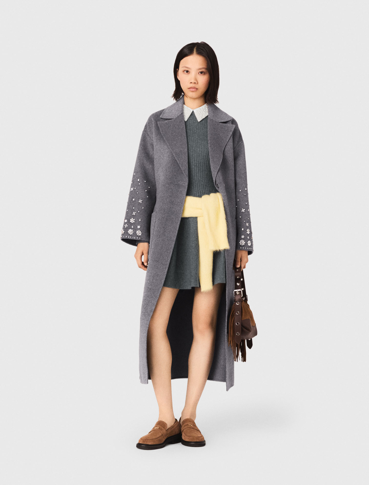Cappotto Lungo Double Face E Strass - Grigio - Taglia 42 - Maje