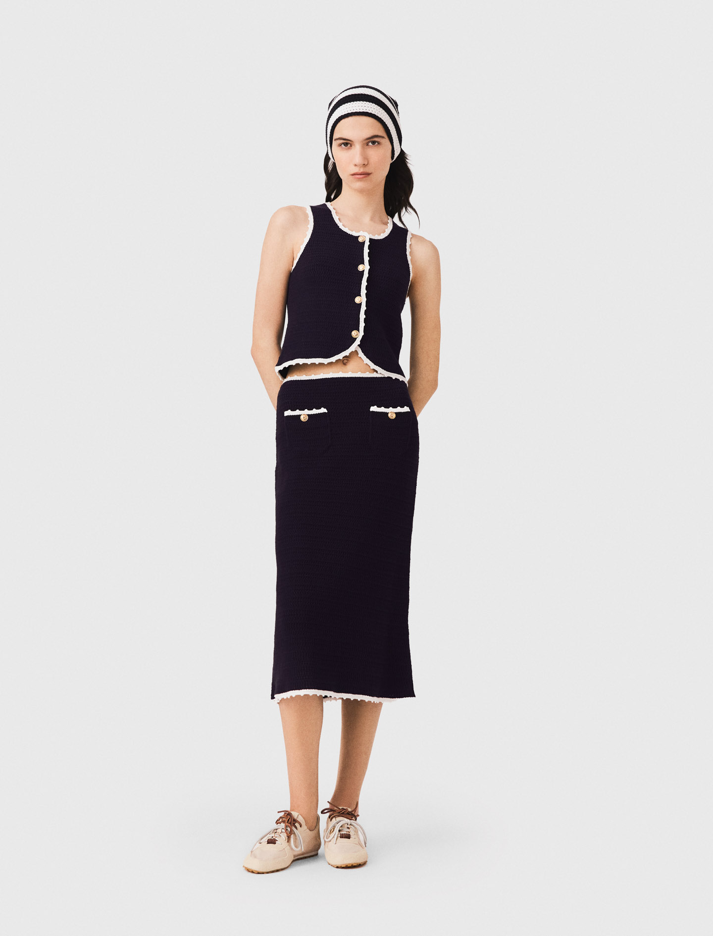 Gonna Midi Con Finiture In Crochet - Blu Navy - Taglia 40 - Maje