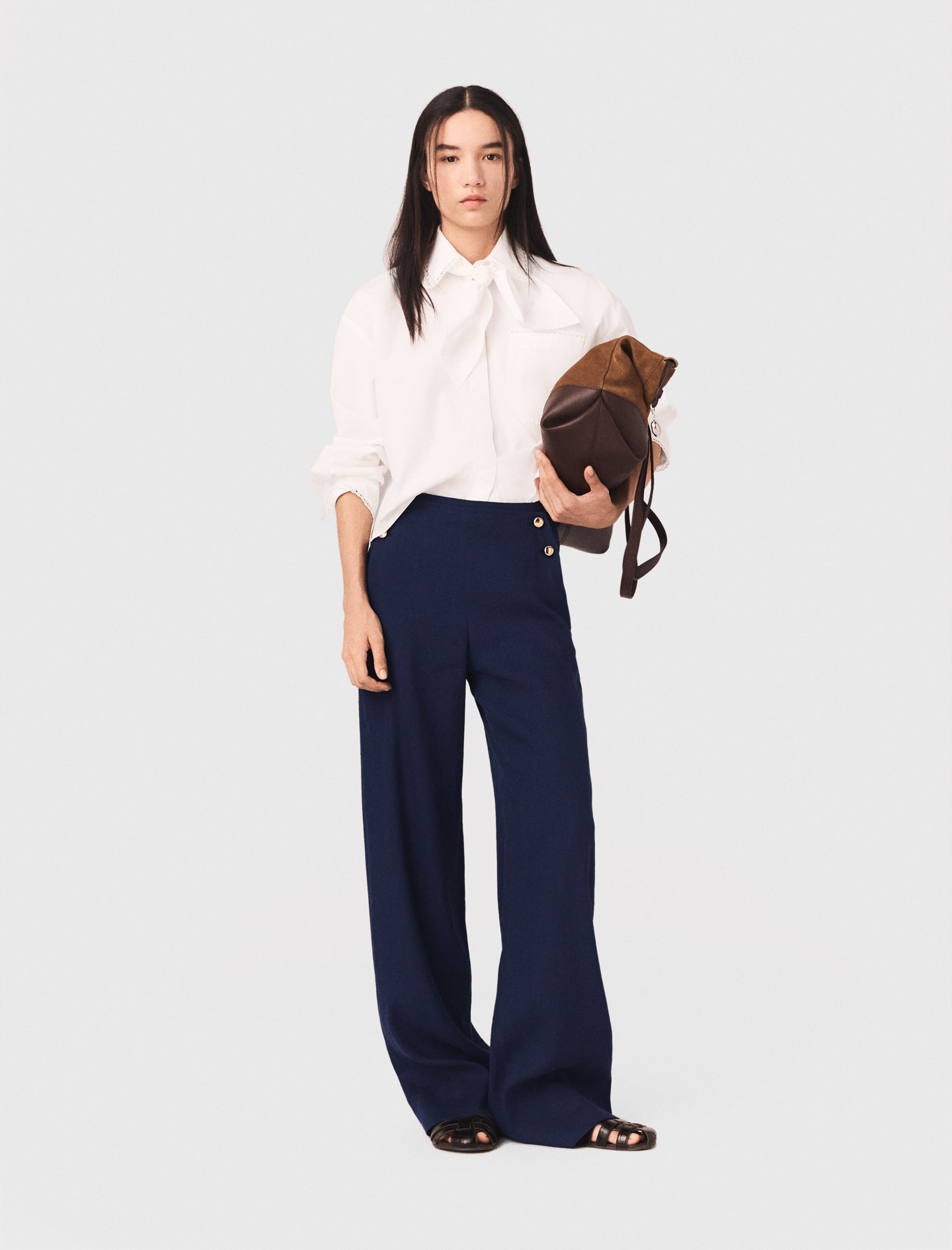 Pantaloni A Ponte In Lino Misto - Blu Navy - Taglia 42 - Maje