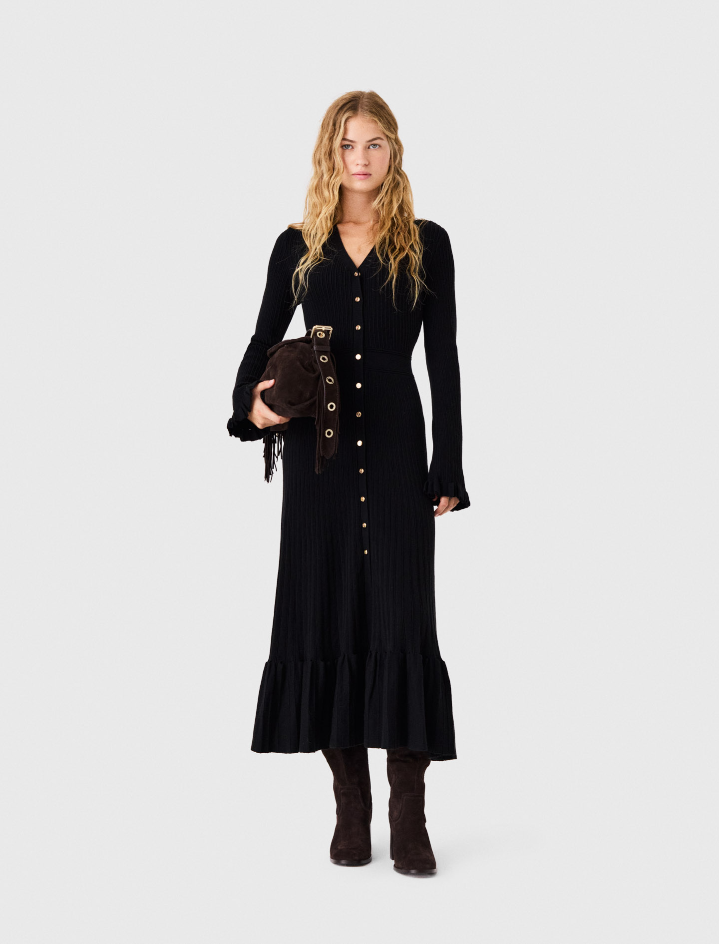 Abito Lungo In Maglia Con Volant - Nero - Taglia 40 - Maje