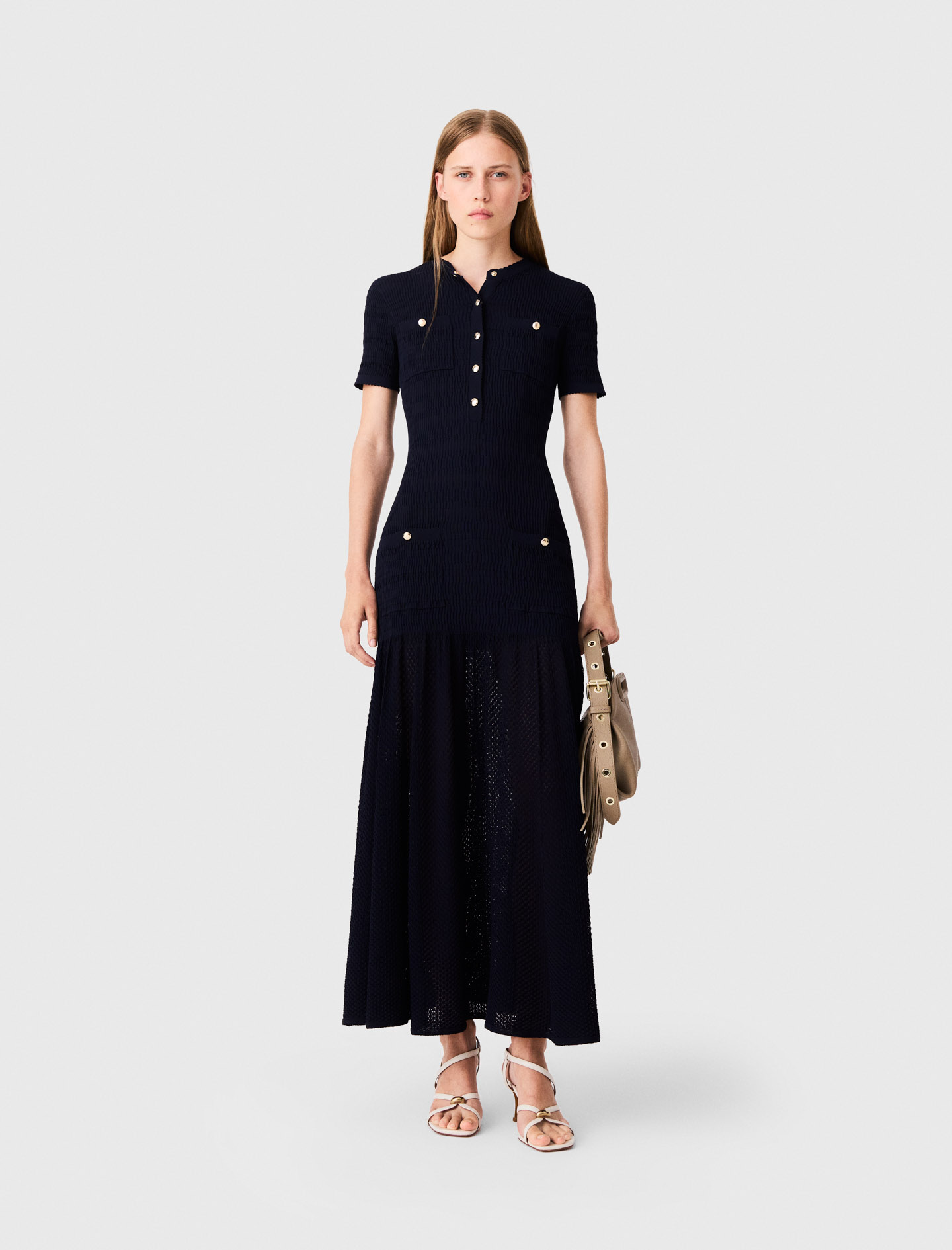 Abito Lungo In Maglia Pointelle - Blu Navy - Taglia 40 - Maje