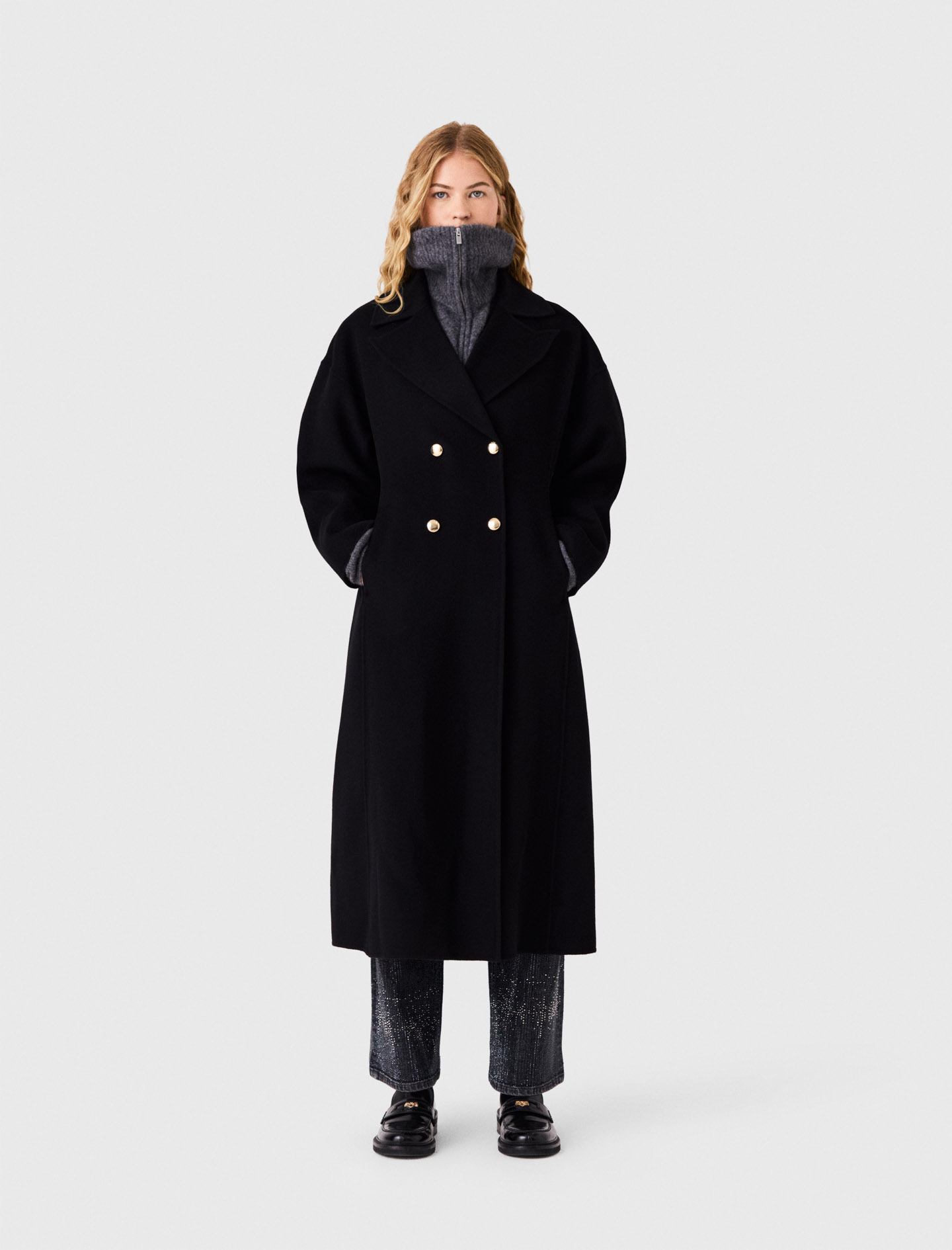 Cappotto Lungo Doppiopetto In Lana - Nero - Taglia 42 - Maje
