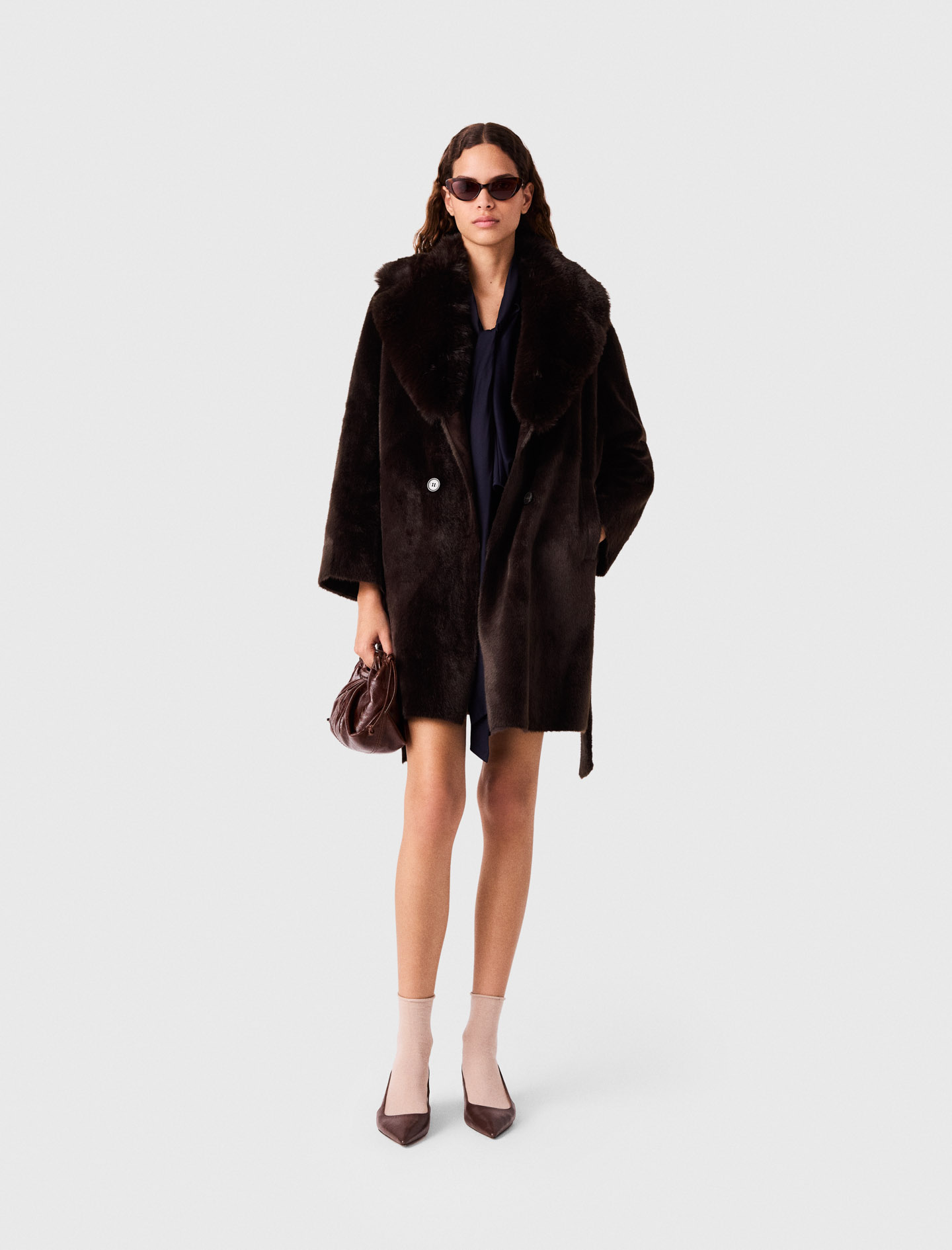 Cappotto Midi In Ecopelliccia - Marrone Scuro - Taglia 44 - Maje