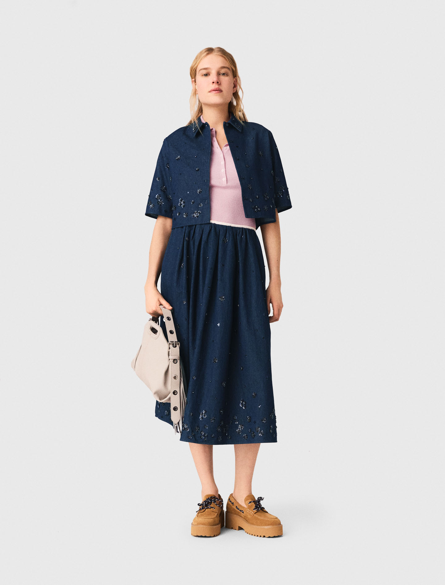 Camicia Corta In Denim Ricamata - Blu Navy - Taglia 38 - Maje