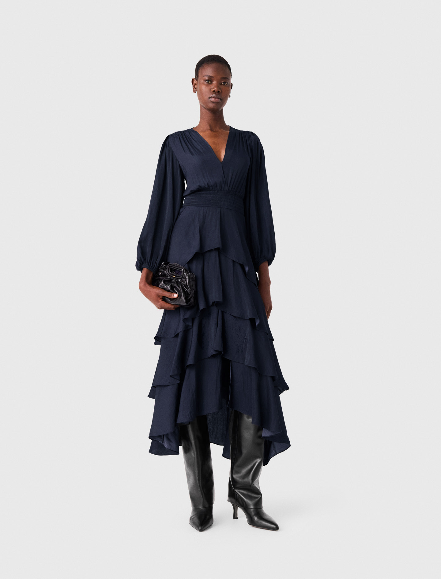 Abito Lungo Con Balze - Blu Navy - Taglia 44 - Maje