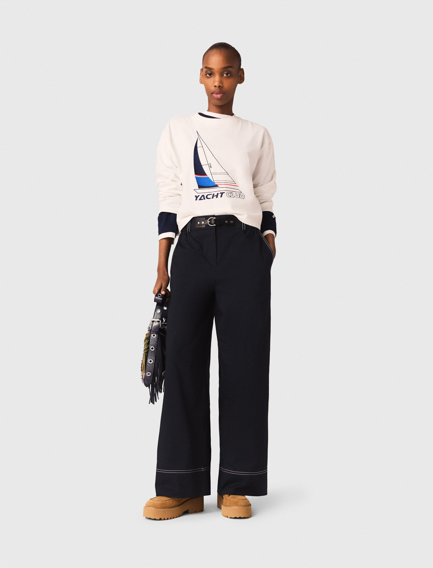 Pantaloni Cotone E Cintura In Pelle - Blu Navy - Taglia 46 - Maje