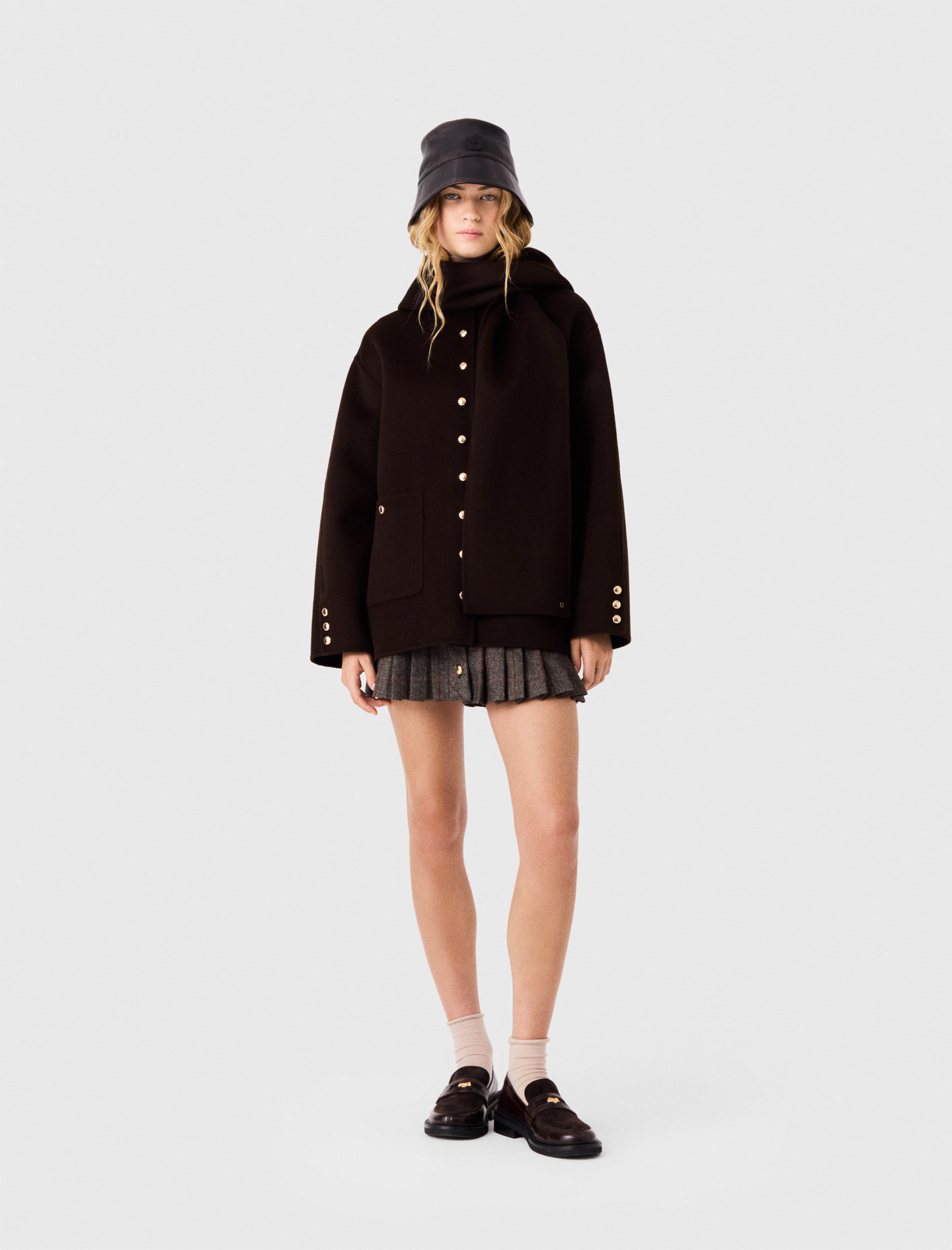 Cappotto In Lana Sciarpa Rimovibile - Marrone Scuro - Taglia 46 - Maje