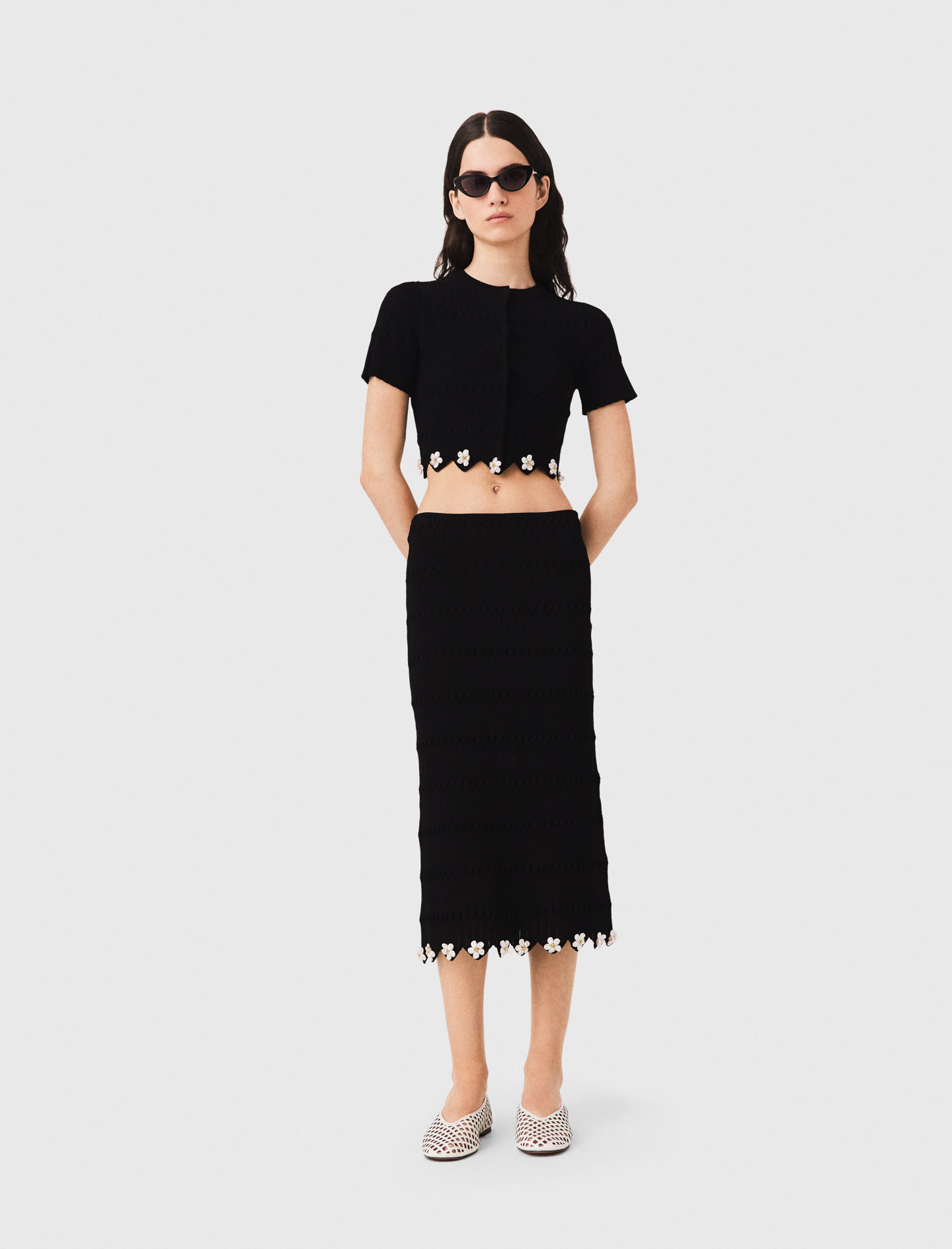 Gonna In Maglia Con Fiori Gioiello - Nero - Taglia 40 - Maje