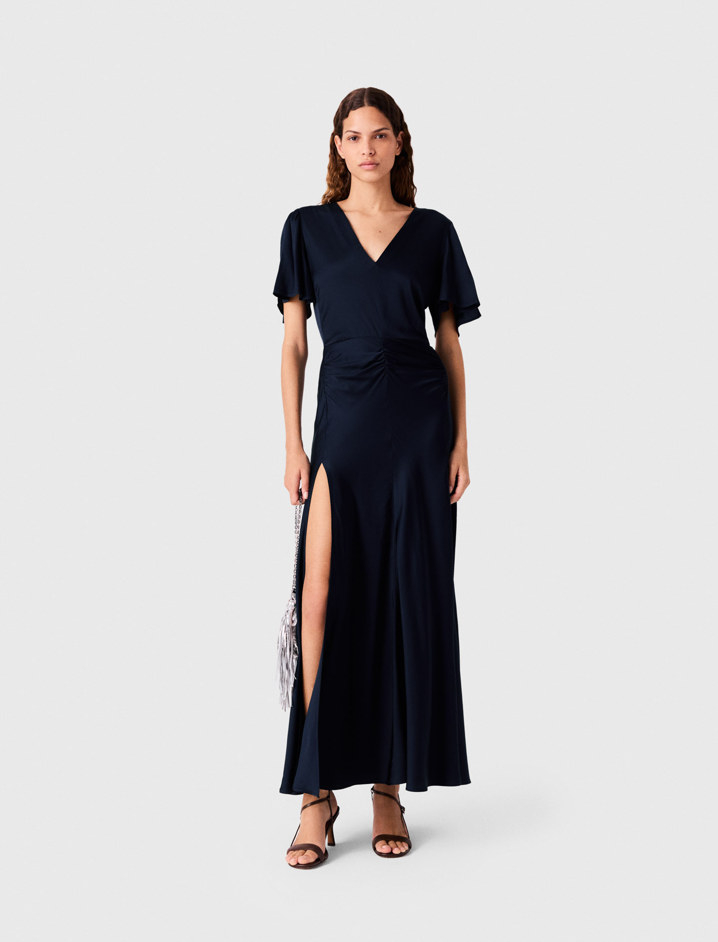 Abito Lungo Drappeggiato In Raso - Blu Navy - Taglia 38 - Maje