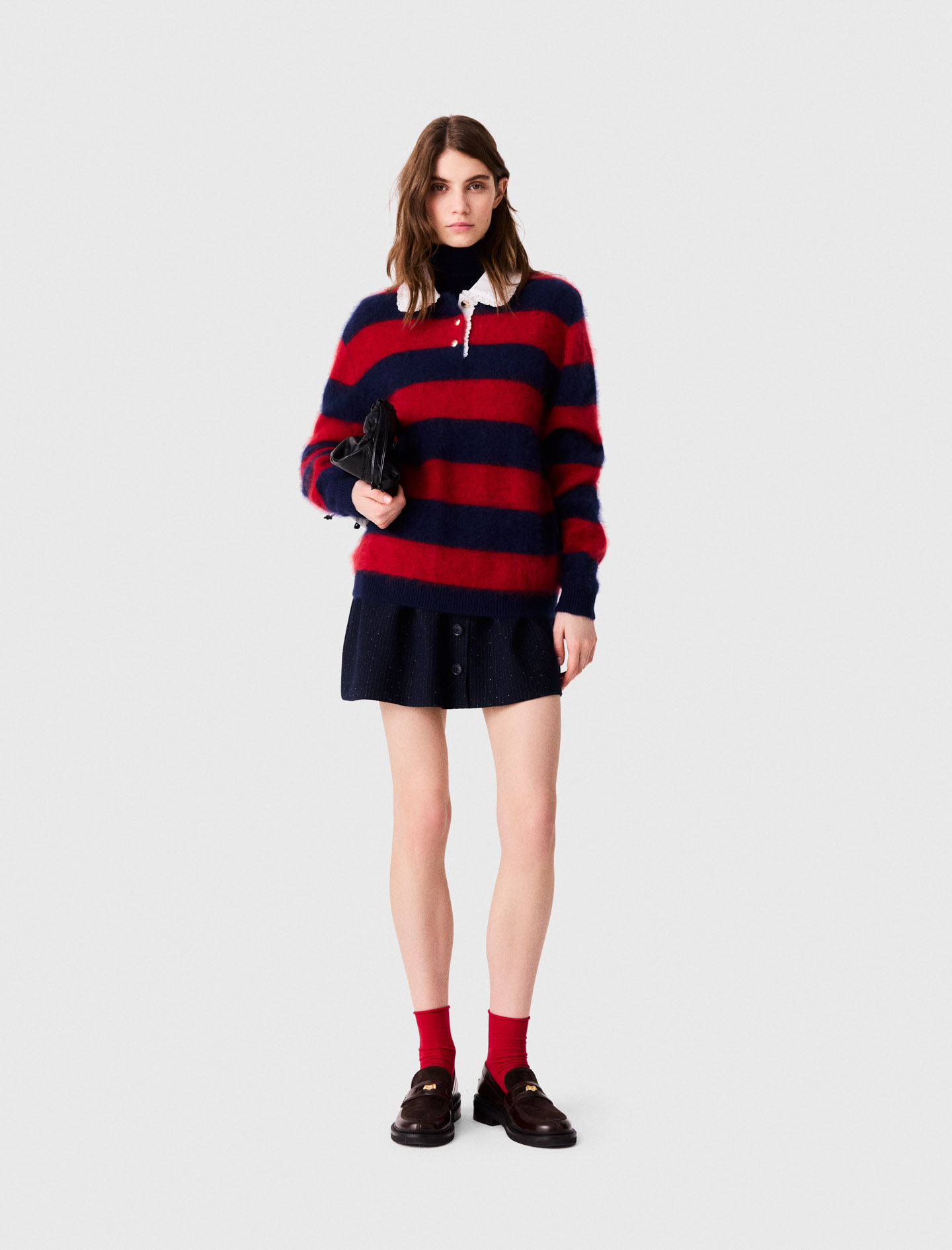 Pullover Fluffy Collo In Popeline - Navy/rosso - Taglia 42 - Maje