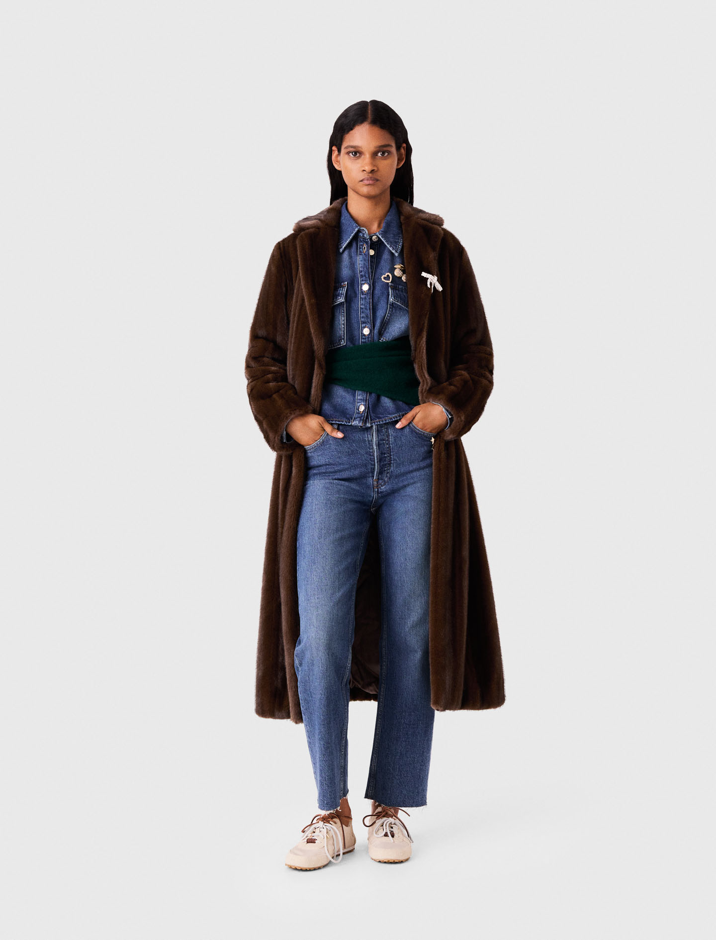 Cappotto Lungo In Ecopelliccia - Marrone Scuro - Taglia 40 - Maje