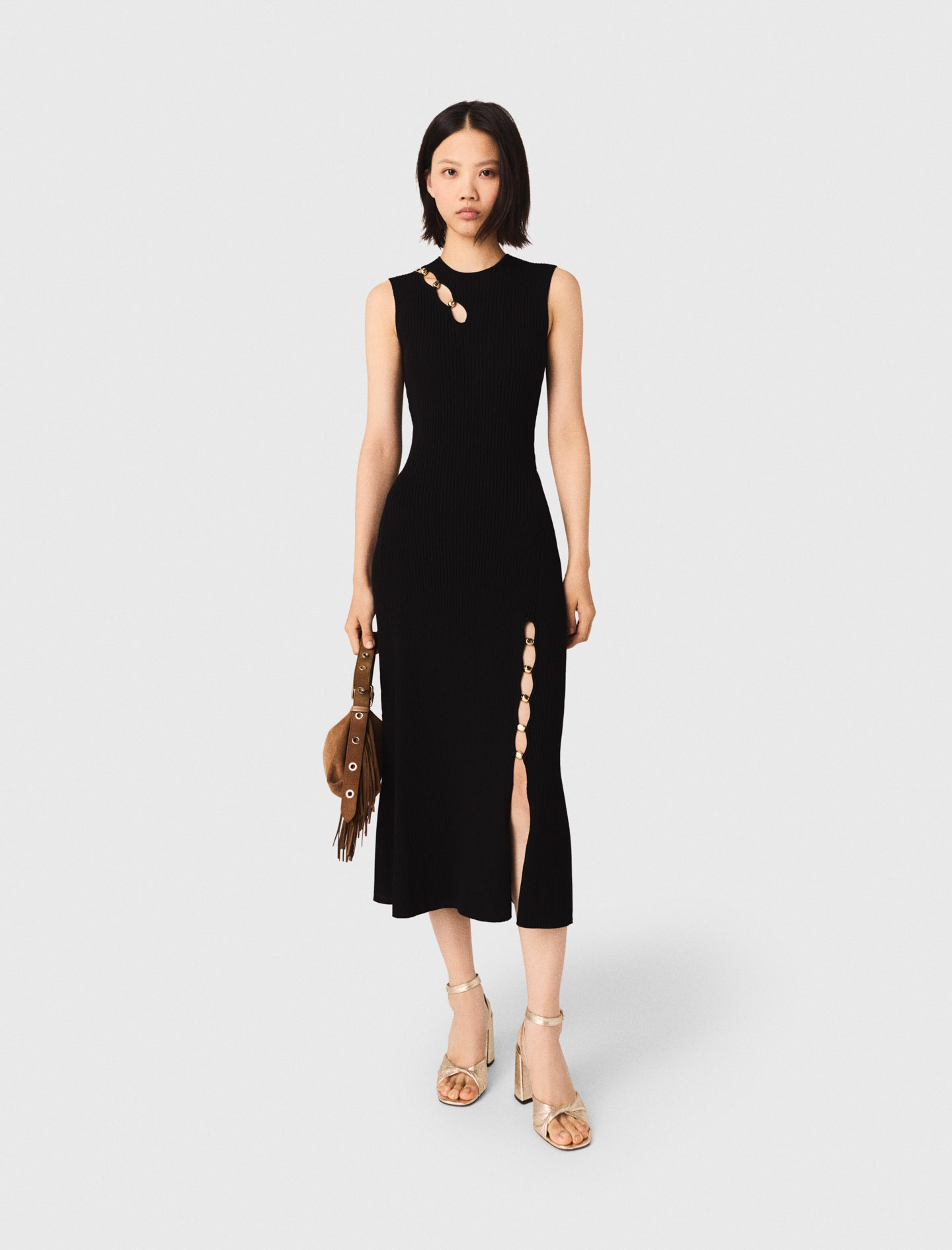 Abito Lungo A Coste Con Cut-out - Nero - Taglia 46 - Maje
