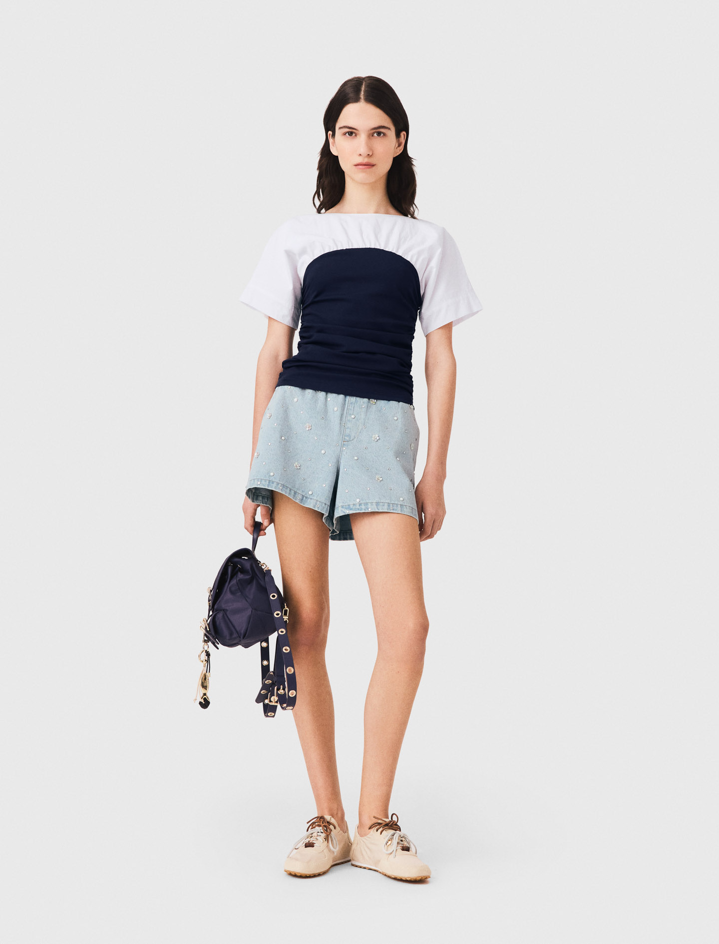 Top In Jersey Plissé - Blanc/marine - Taglia 42 - Maje