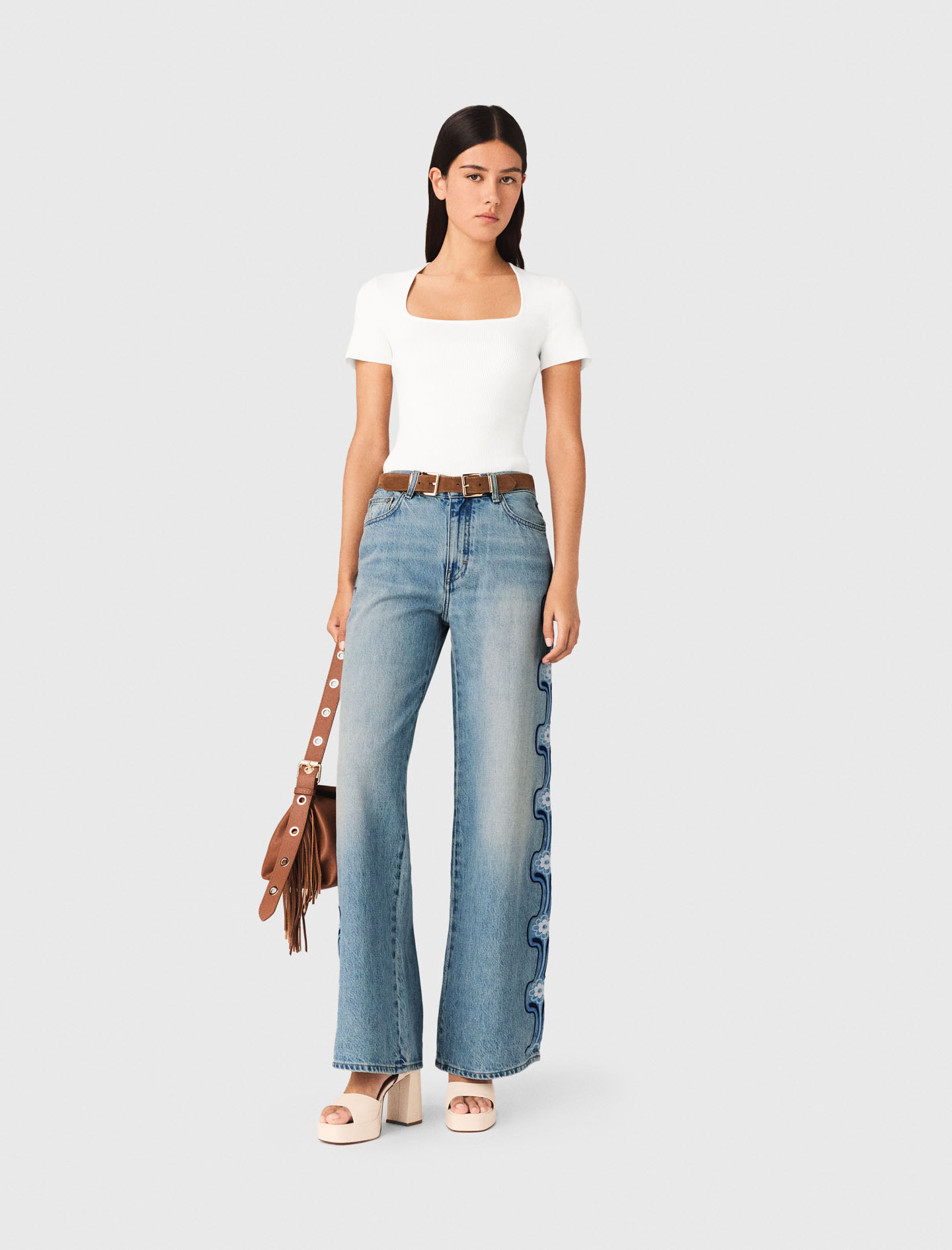 Jeans Larghi Con Ricamo Floreale - Blu - Taglia 46 - Maje