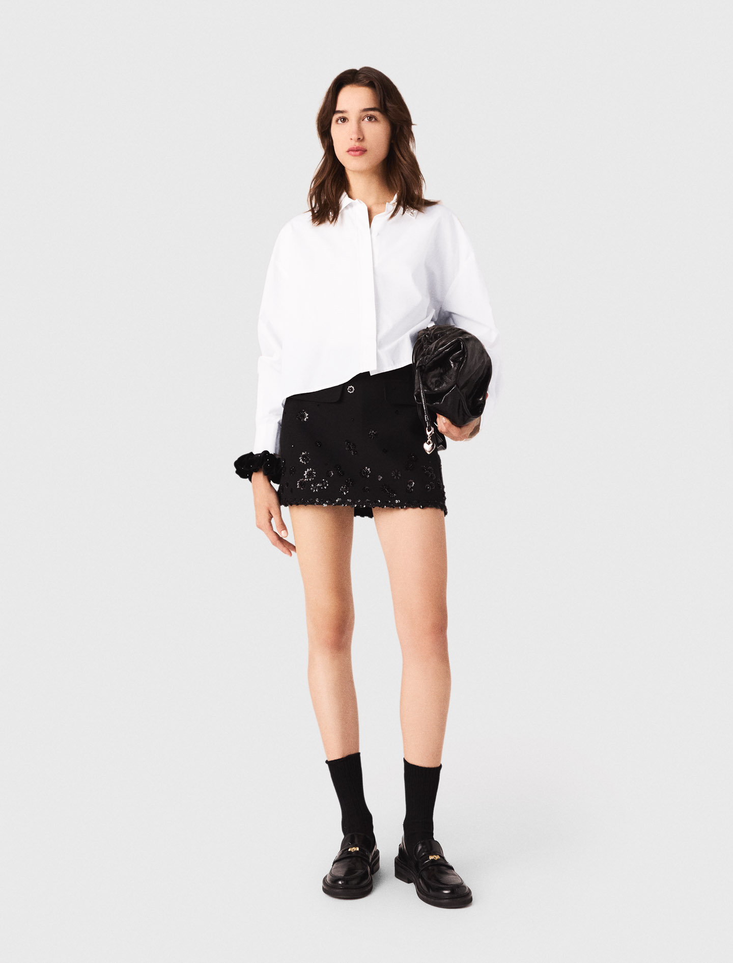 Shorts trompe l'œil ricamati nero / grigio donna | Maje