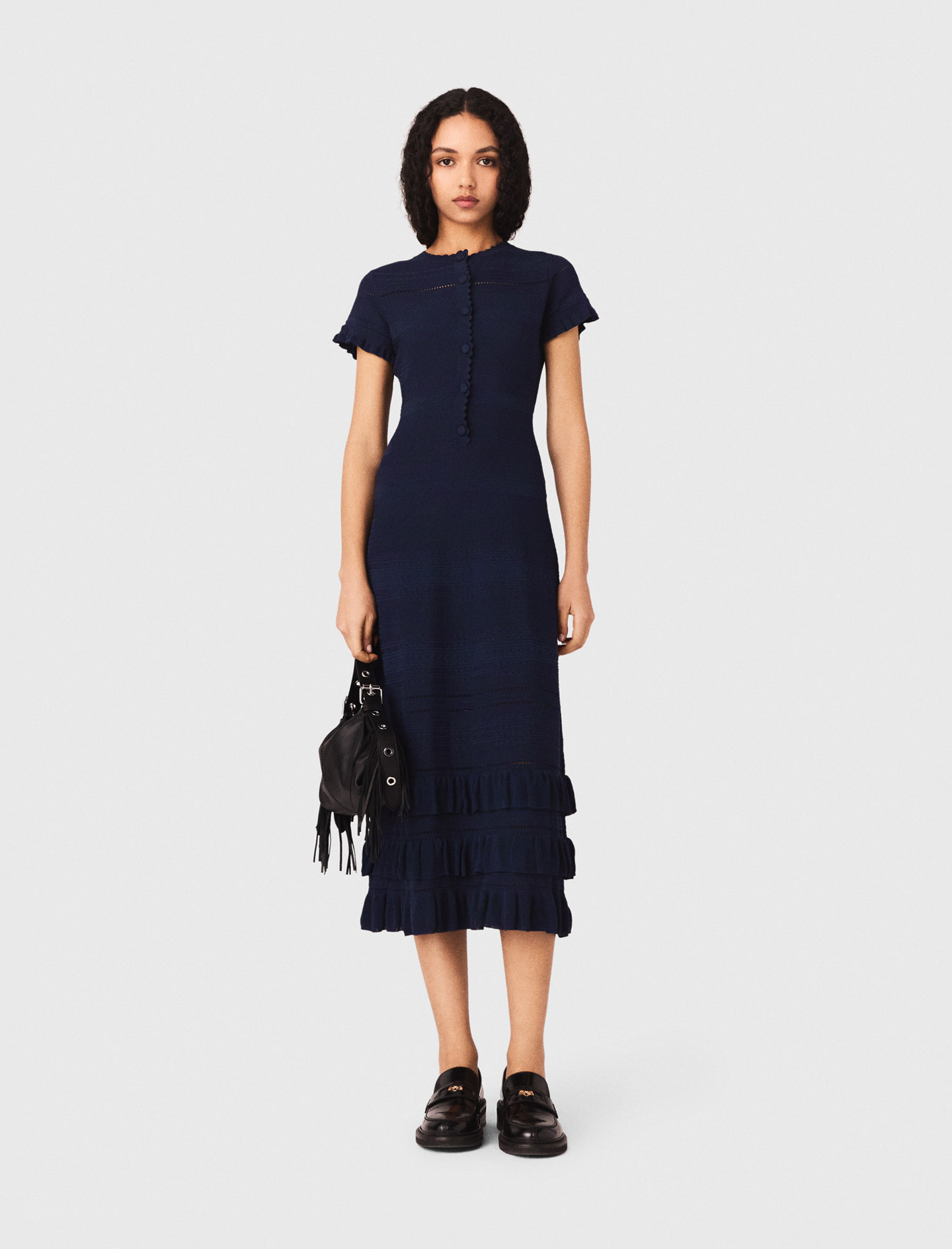 Abito Lungo In Maglia Con Volant - Blu Navy - Taglia 46 - Maje