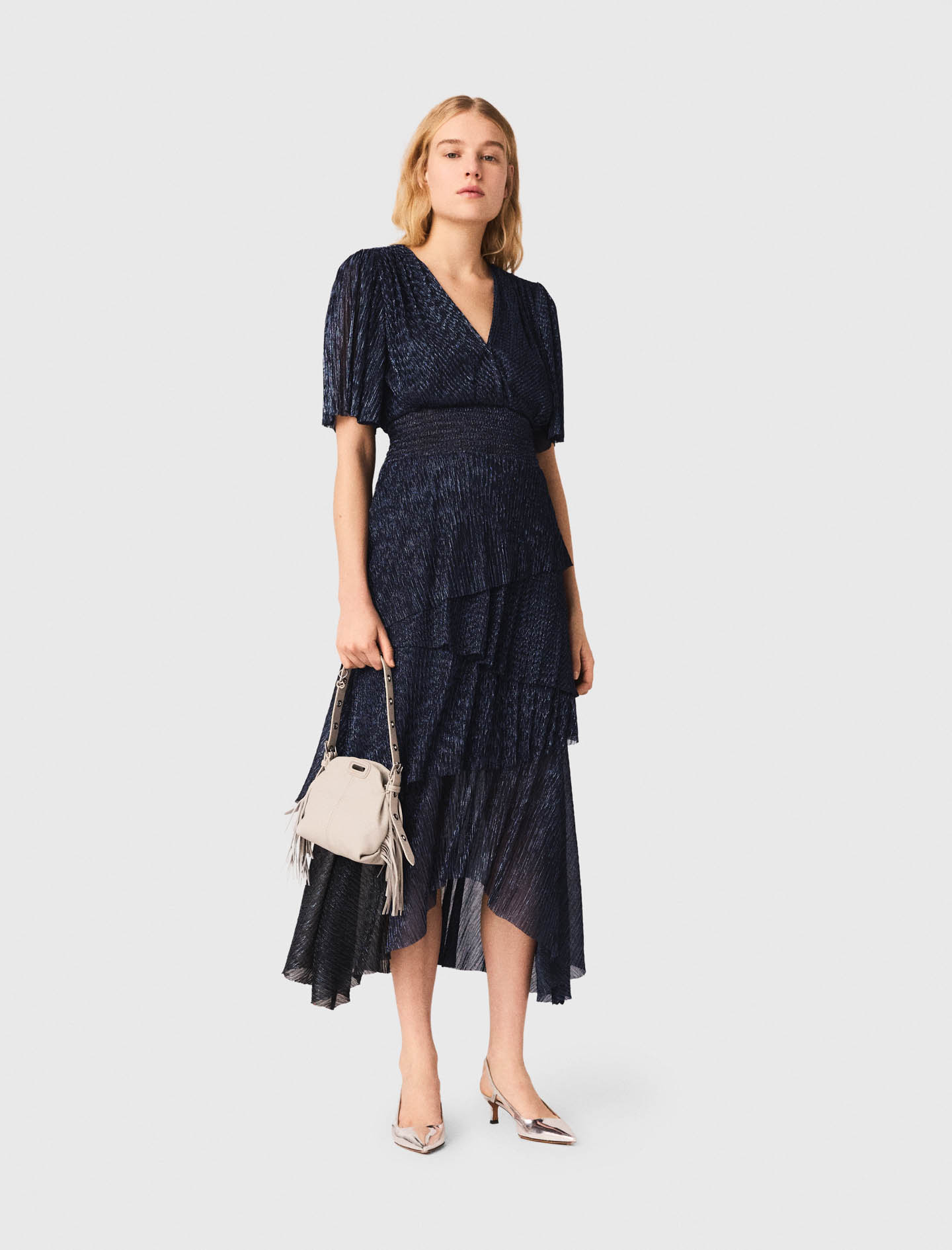 Abito Midi Metallizzato Con Balze - Blu Navy - Taglia 40 - Maje